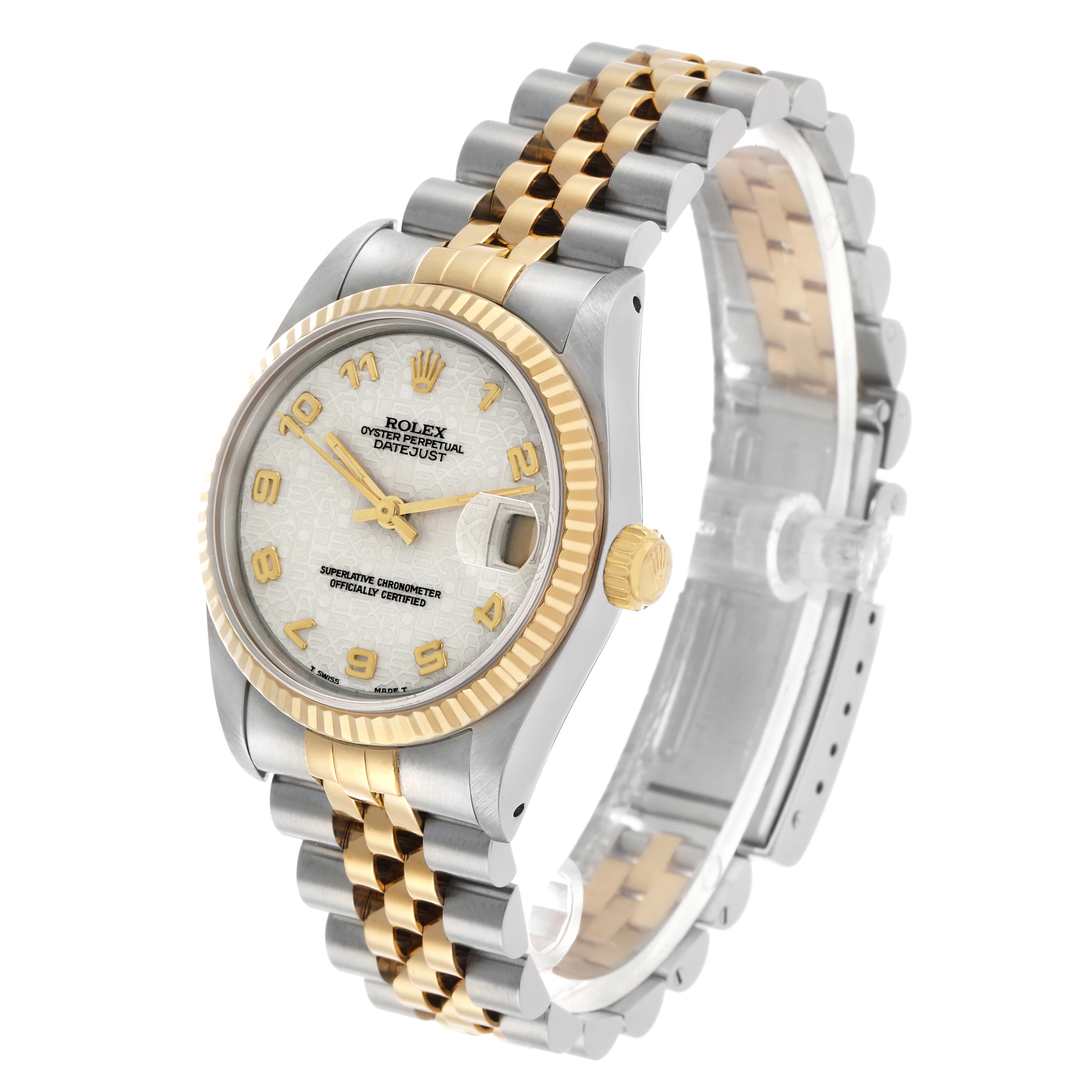 The Rolex Mid-Size 68273 Women's Steel and Gold (two tone) Beige Dial model is shown at a three-quarter angle, highlighting the face, bezel, crown, and two-tone bracelet.