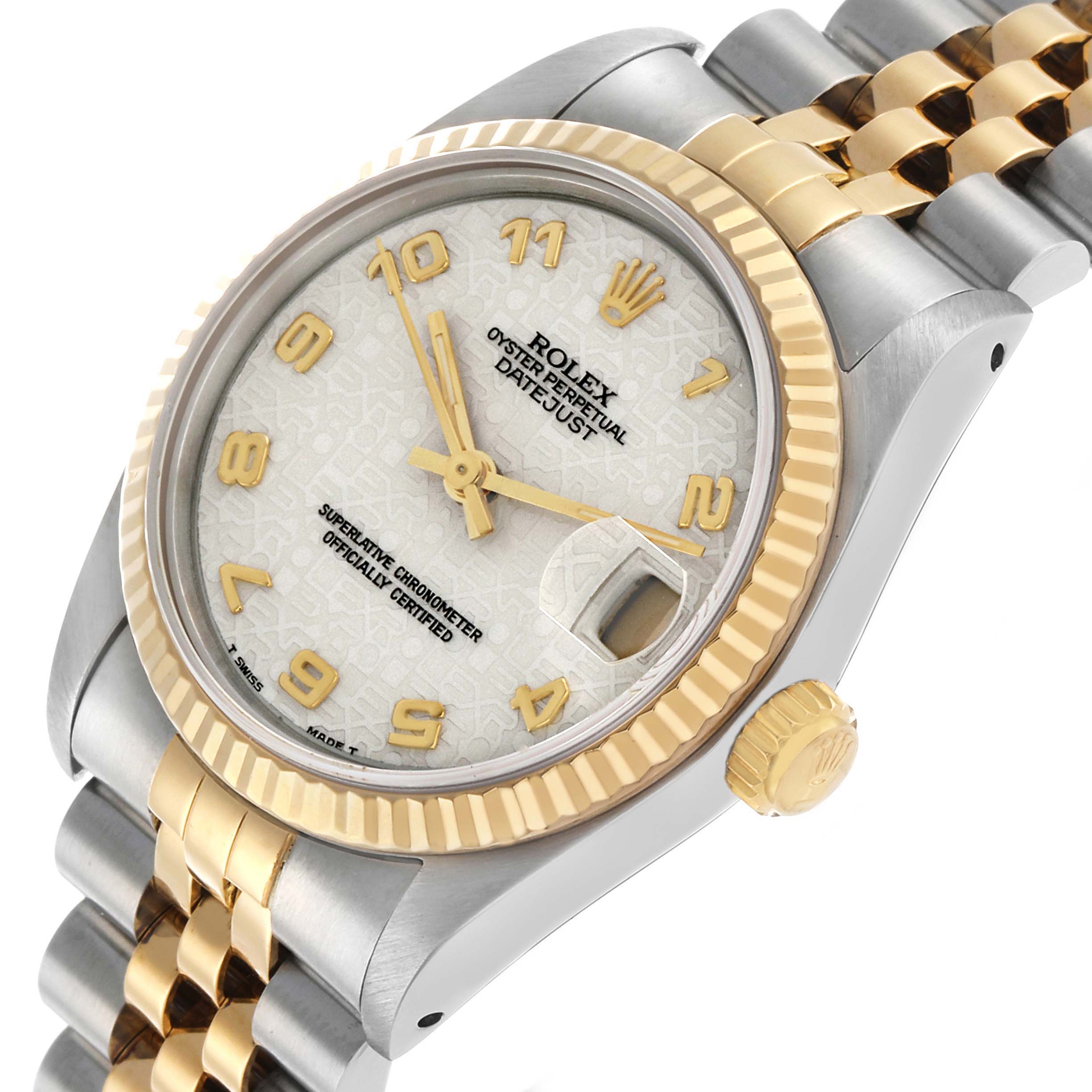 The Rolex Mid-Size 68273 Women's Steel and Gold (two tone) Beige Dial model is shown angled from the front-left, highlighting the dial, fluted bezel, and two-tone bracelet.