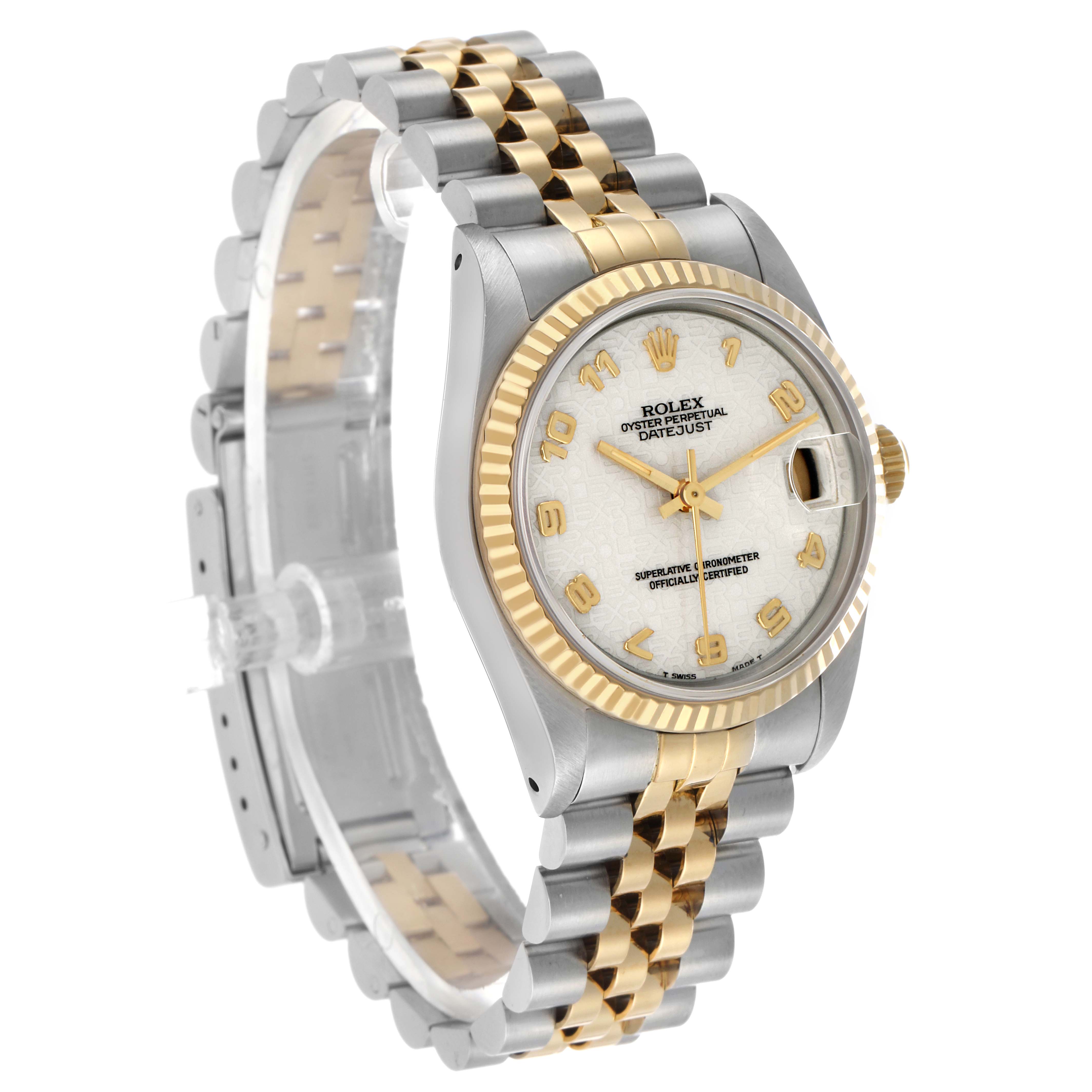 The Rolex Mid-Size 68273 Women's Steel and Gold (two tone) Beige Dial watch is shown at a three-quarter angle, displaying the face, bezel, and two-tone bracelet.
