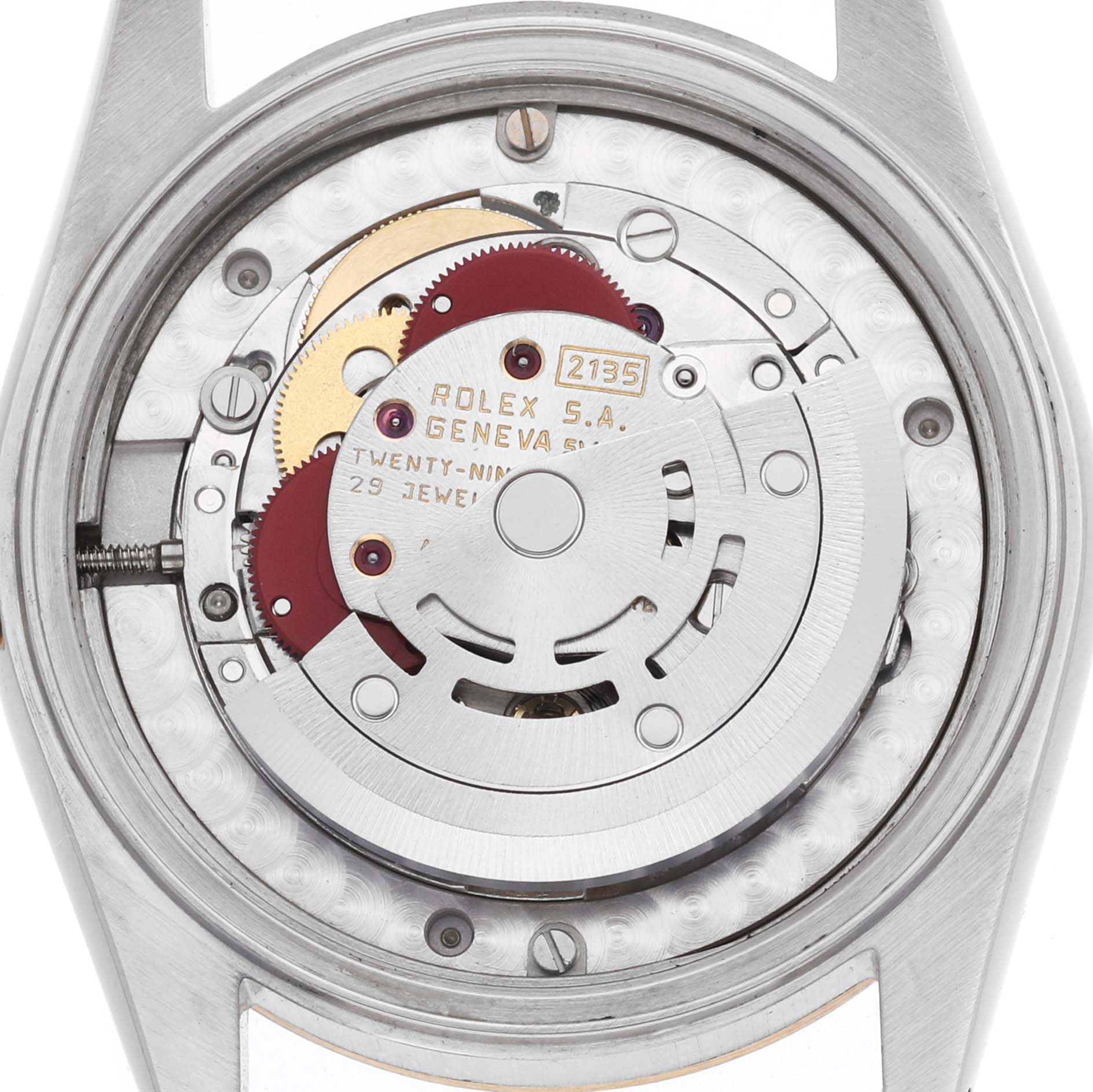 The image shows the movement of a Rolex Mid-Size 68273 Women's Steel and Gold (two tone) Beige Dial watch, viewed from the back.