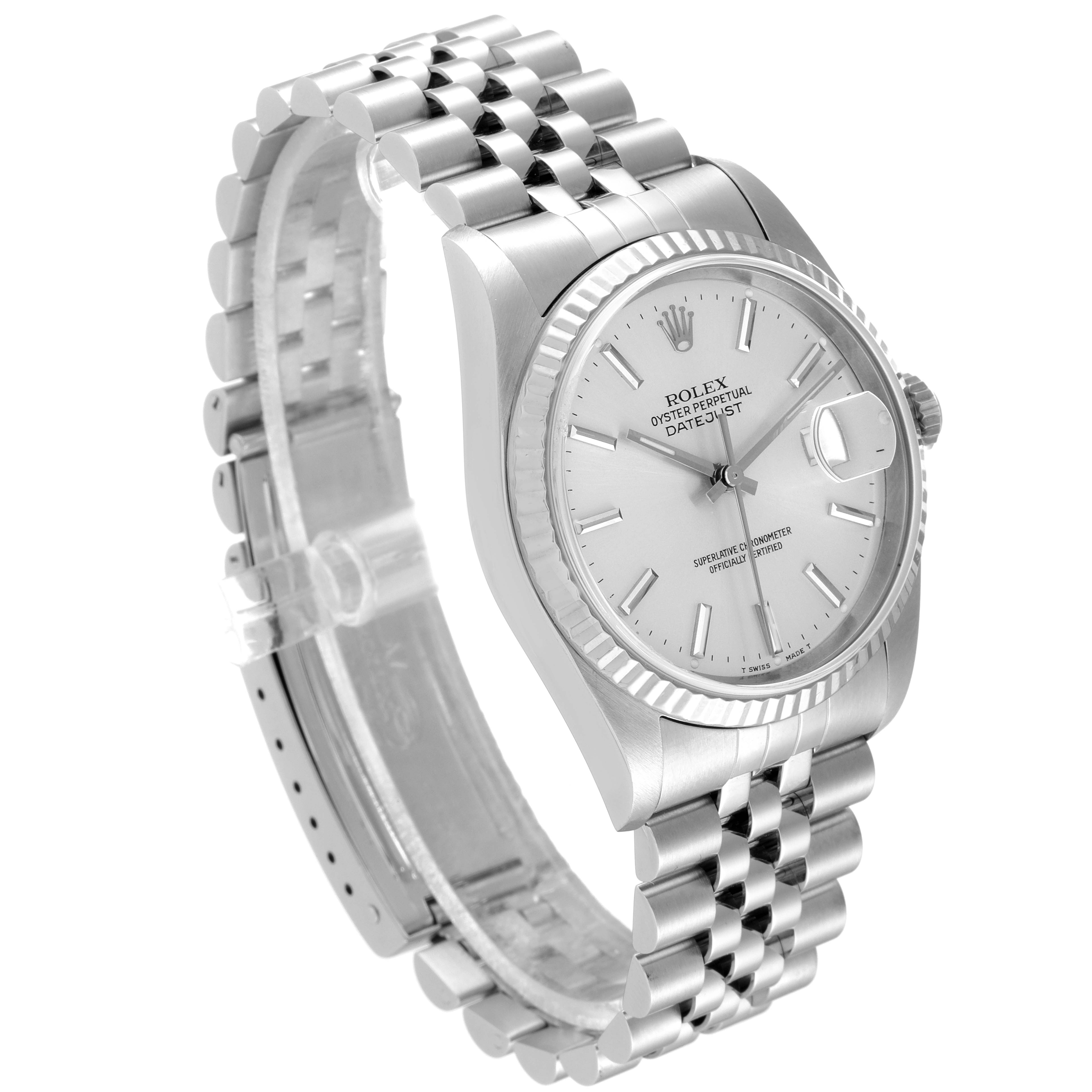 The Rolex Datejust 16234 Men's Stainless Steel Silver Dial 16234 Men's Stainless Steel Silver Dial watch is angled to show the face, fluted bezel, crown, and full Jubilee bracelet.