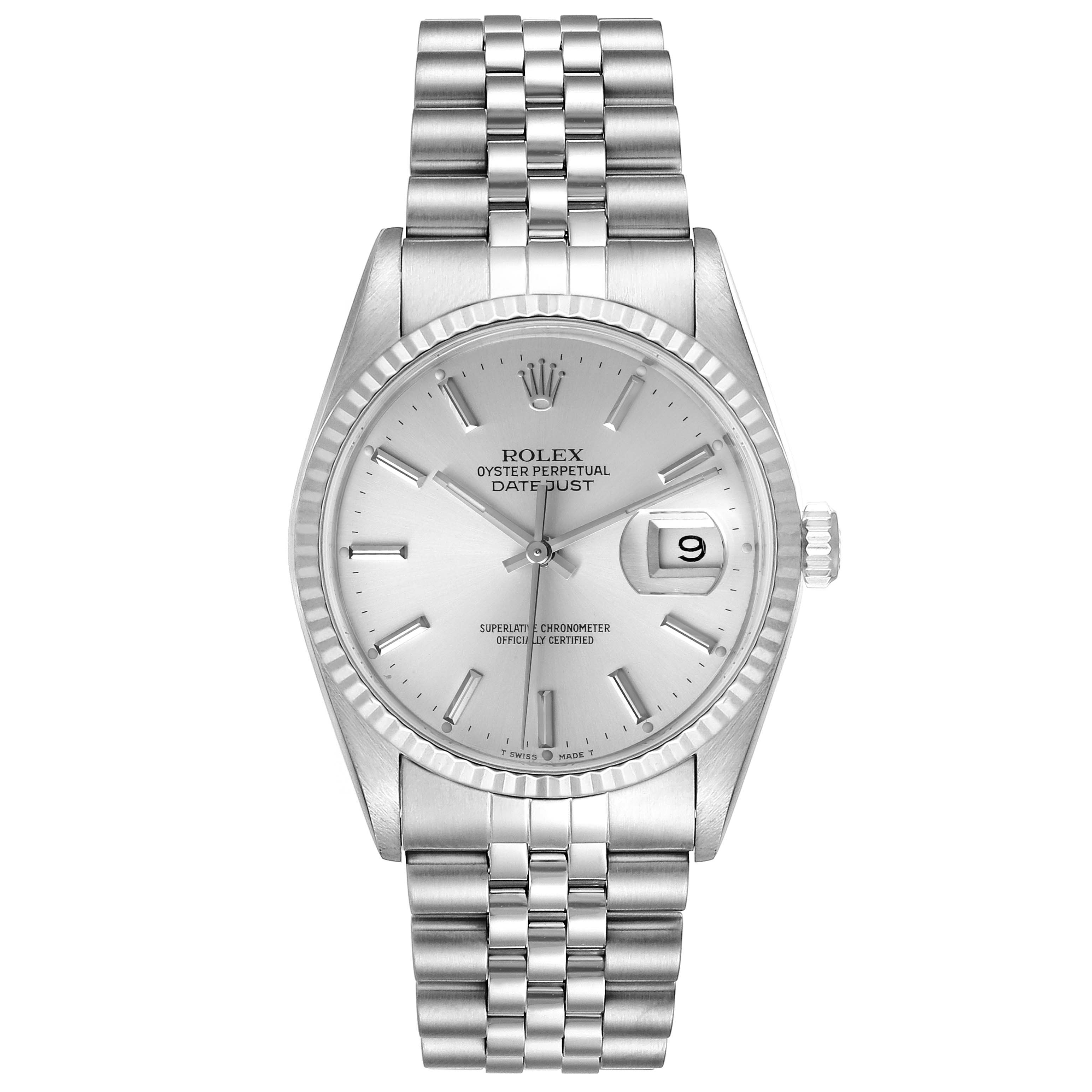 The image showcases a front view of the Rolex Datejust 16234 Men's Stainless Steel Silver Dial 16234 Men's Stainless Steel Silver Dial watch, highlighting the dial, case, and bracelet.
