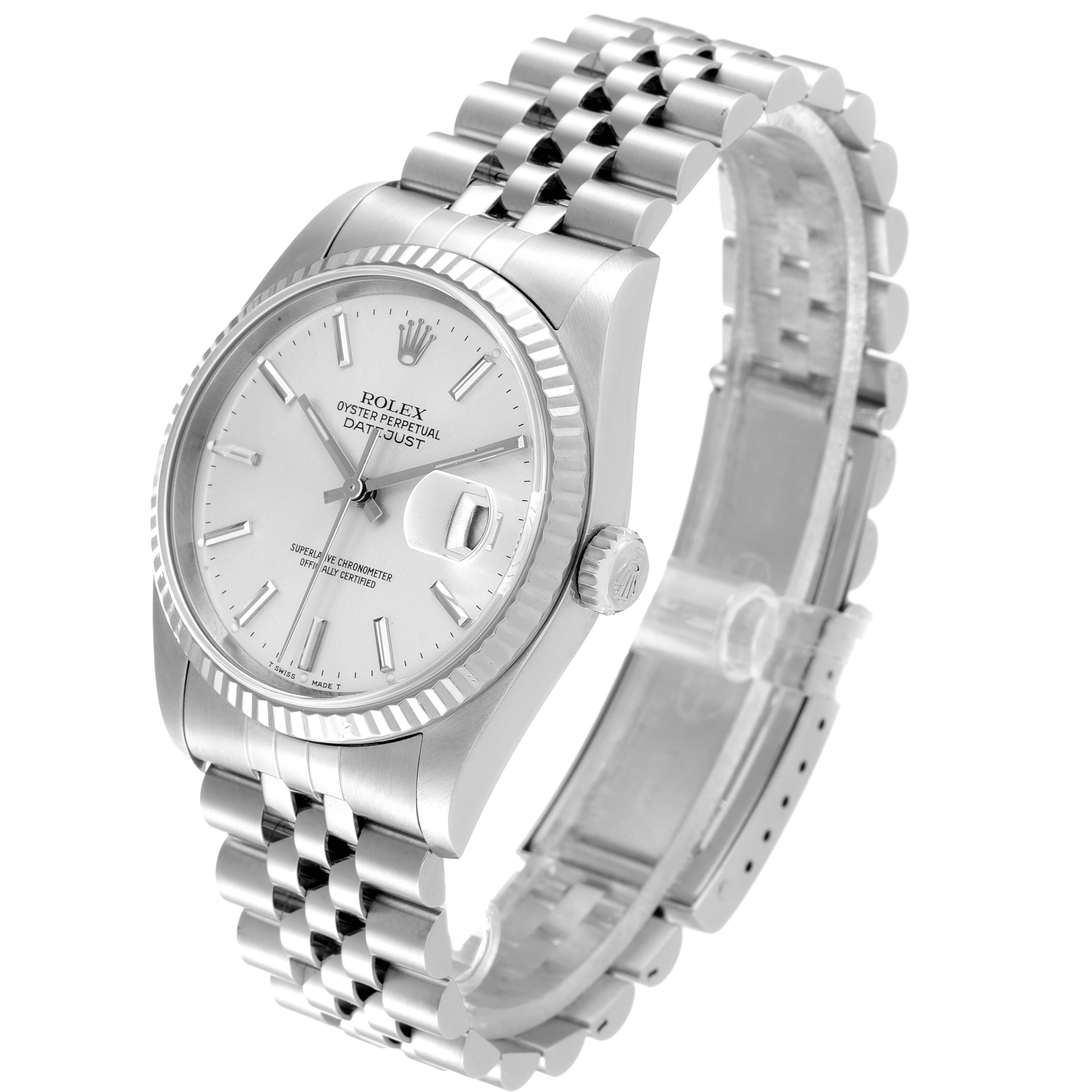 The image shows a Rolex Datejust 16234 Men's Stainless Steel Silver Dial 16234 Men's Stainless Steel Silver Dial watch from a three-quarter angle, displaying the dial, bezel, bracelet, and crown.