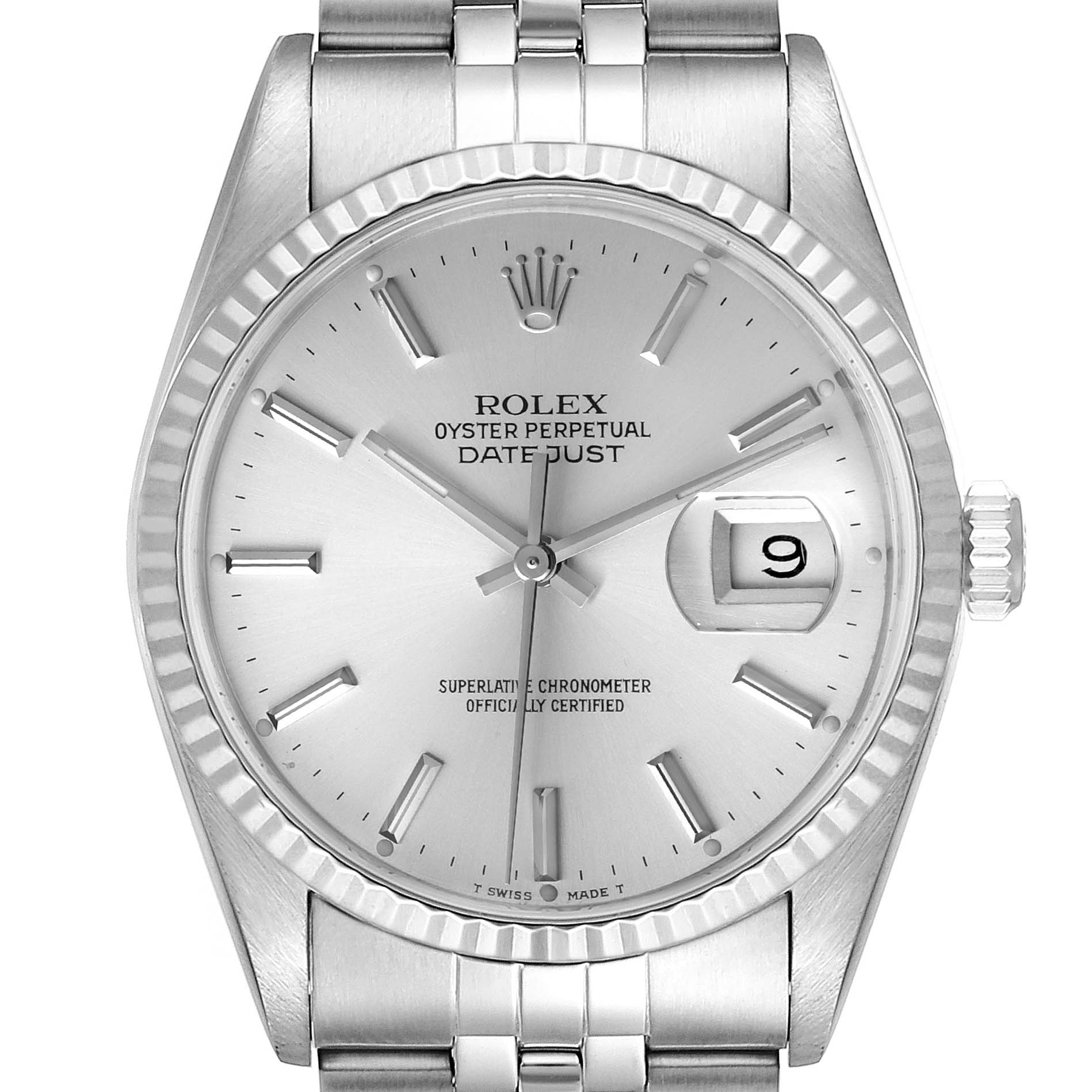 The image shows a close-up, frontal view of the dial and upper bracelet of the Rolex Datejust 16234 Men's Stainless Steel Silver Dial 16234 Men's Stainless Steel Silver Dial watch.