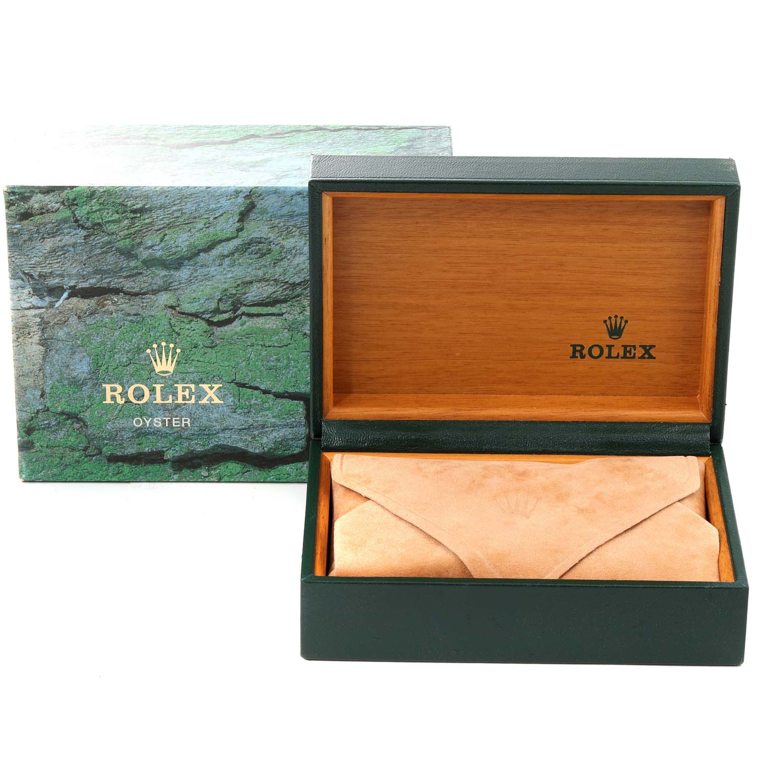 The image shows the open packaging for a Datejust model by Rolex, including an outer box, inner wooden box, and suede watch pouch.