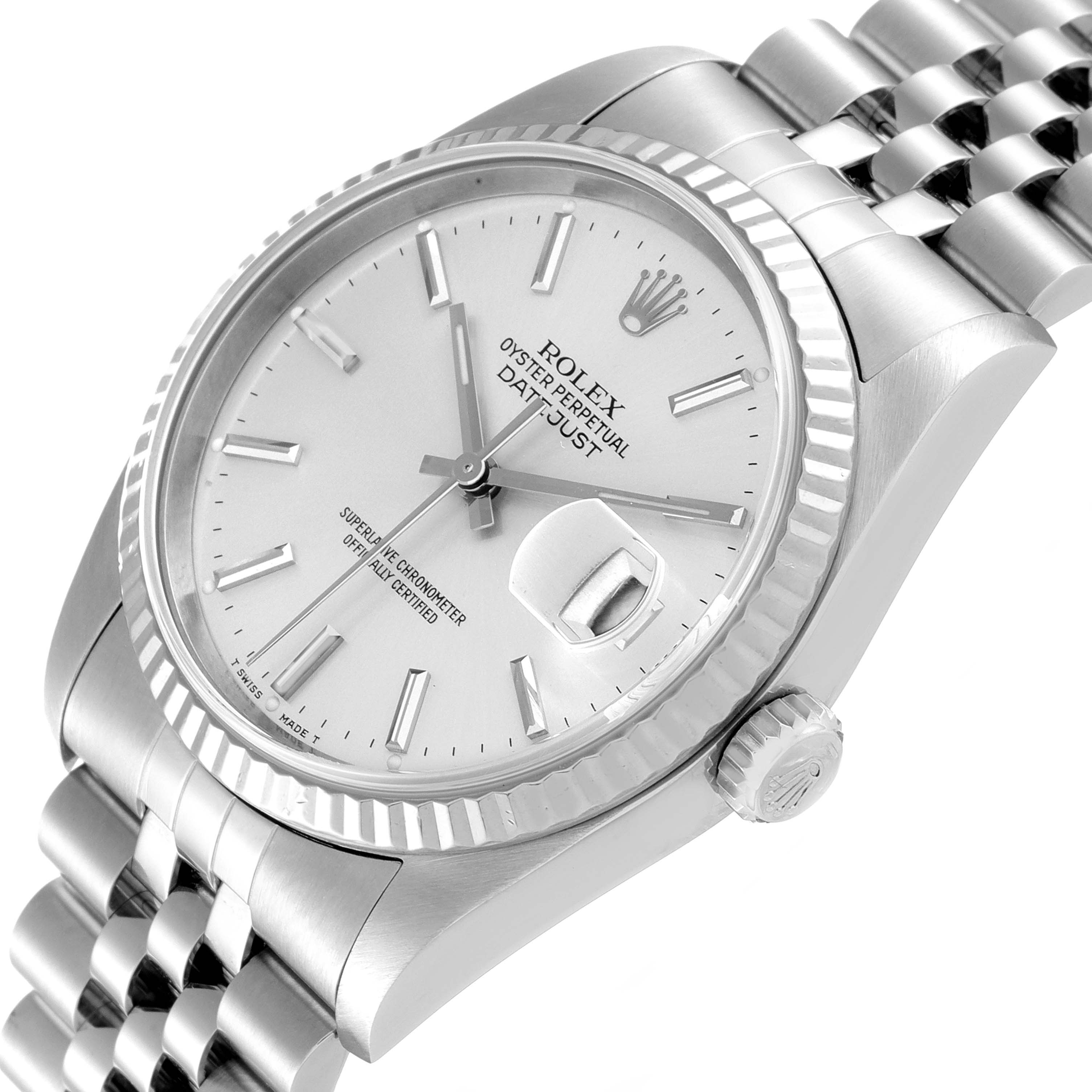 This image shows a close-up angled view of the Rolex Datejust 16234 Men's Stainless Steel Silver Dial 16234 Men's Stainless Steel Silver Dial's silver dial, bezel, and part of the Jubilee bracelet.