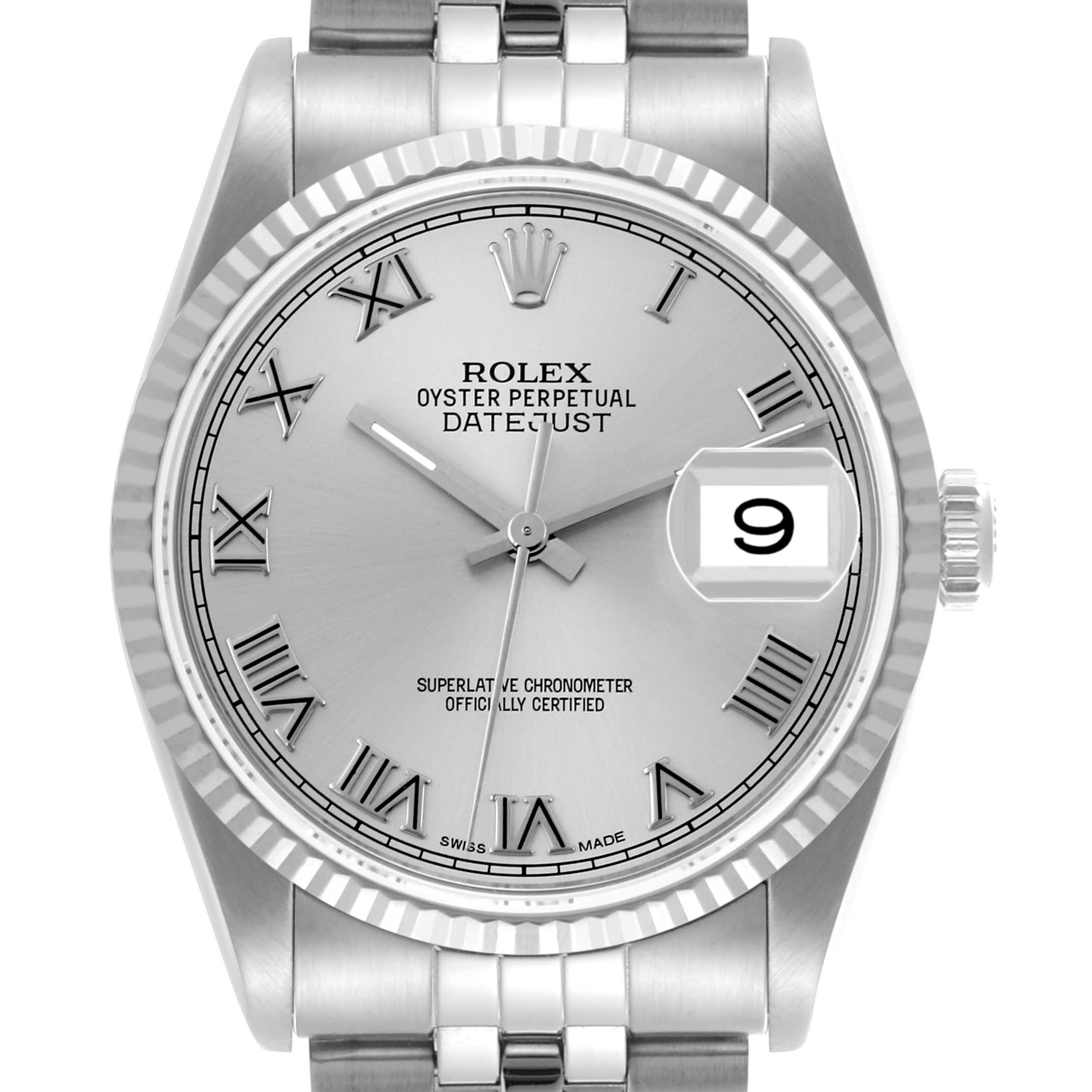 The Rolex Datejust 16234 Men's Stainless Steel Silver Dial 16234 Men's Stainless Steel Silver Dial watch is shown from the front, displaying the dial, hands, bezel, crown, and part of the bracelet.