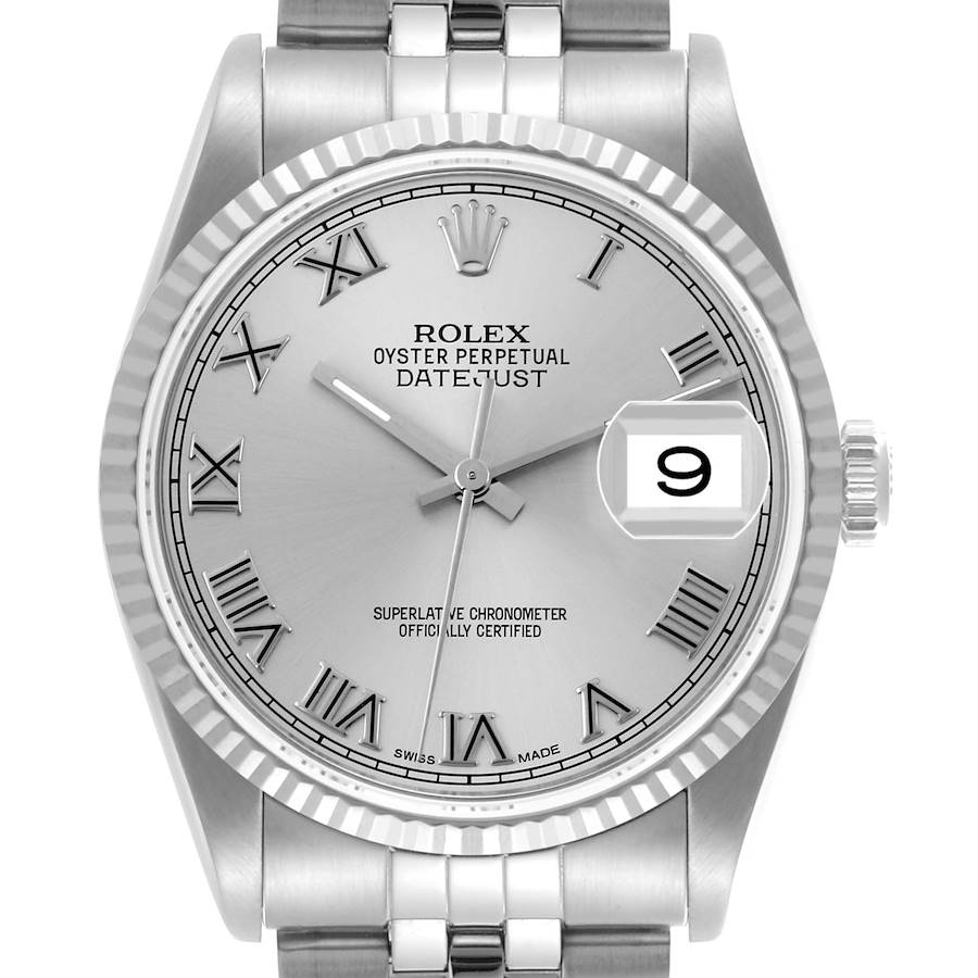 The Rolex Datejust watch is shown from the front, displaying the dial, hands, bezel, crown, and part of the bracelet.