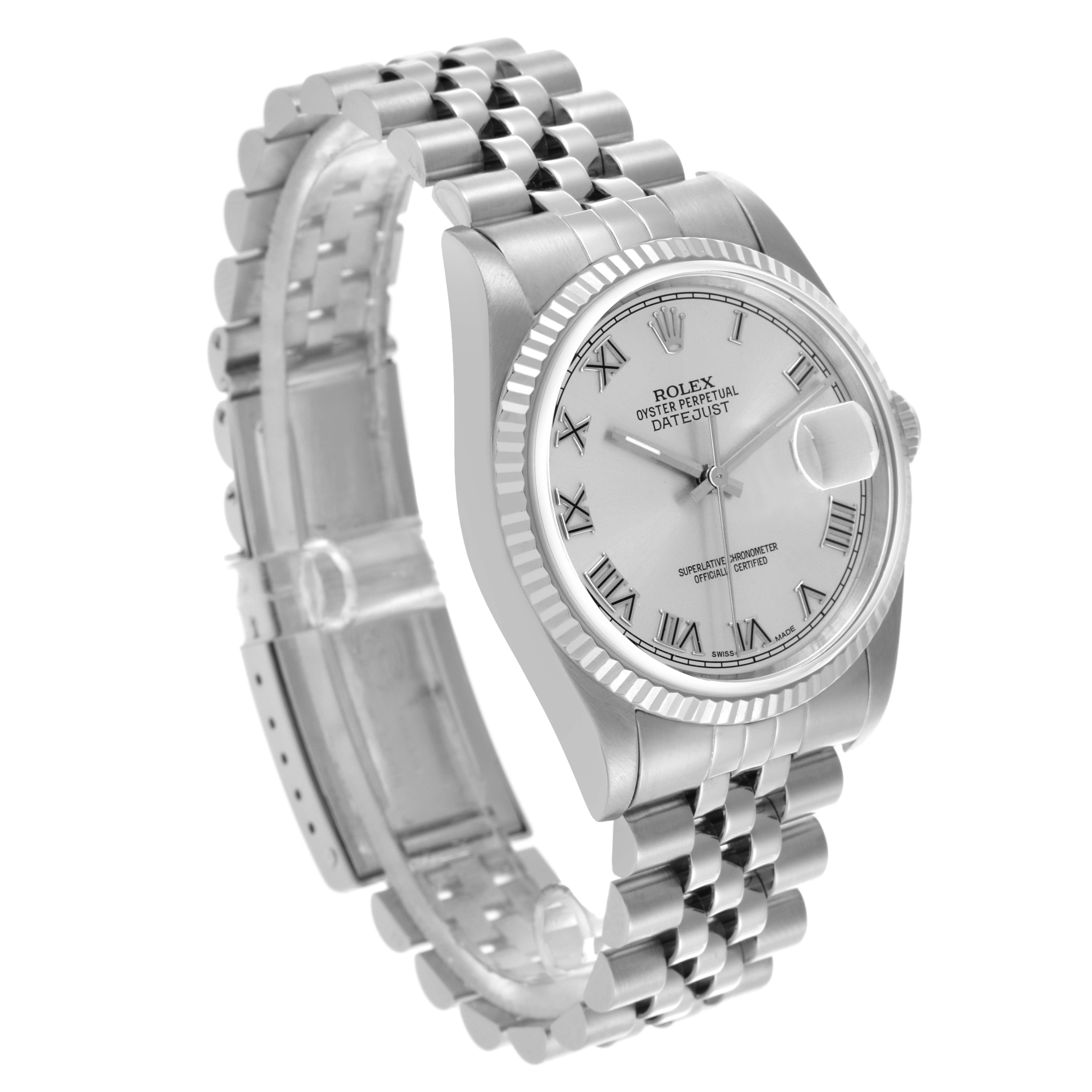 The Rolex Datejust 16234 Men's Stainless Steel Silver Dial 16234 Men's Stainless Steel Silver Dial watch is shown at a three-quarter angle, displaying the face, bezel, bracelet, and crown.