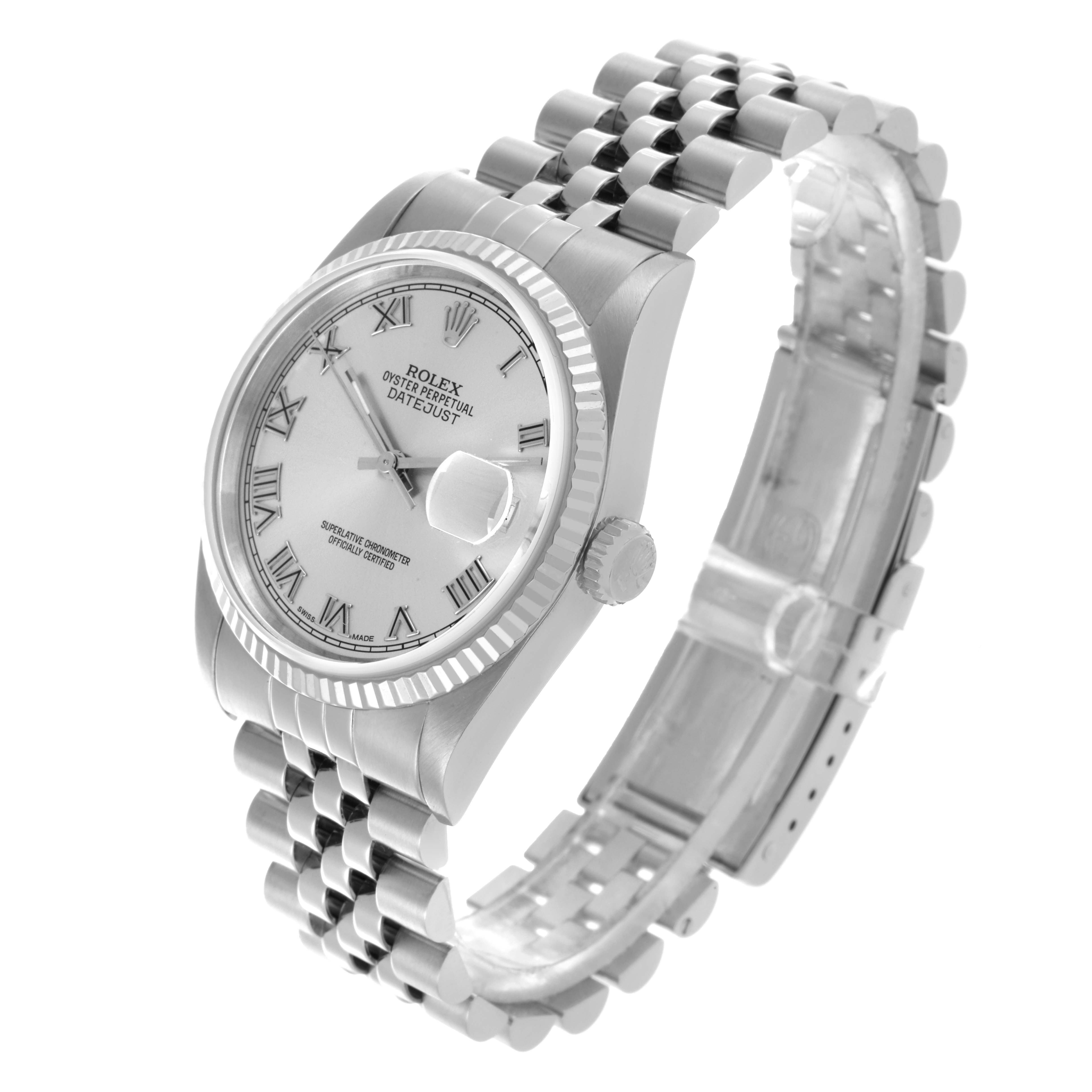 The Rolex Datejust 16234 Men's Stainless Steel Silver Dial 16234 Men's Stainless Steel Silver Dial watch is shown at a 3/4 angle, highlighting the dial, fluted bezel, and Jubilee bracelet.