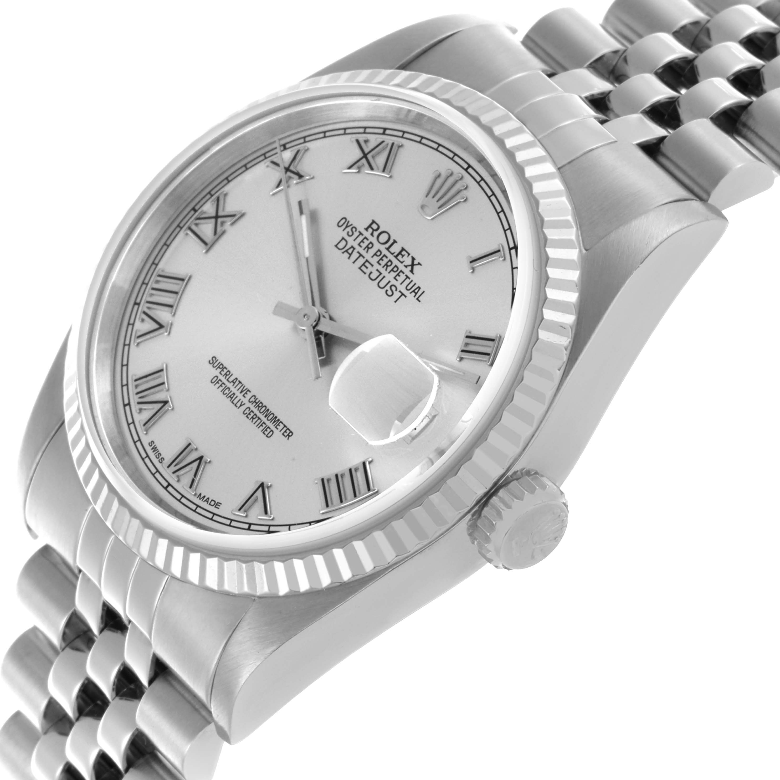 The image shows a Rolex Datejust 16234 Men's Stainless Steel Silver Dial 16234 Men's Stainless Steel Silver Dial watch at an angled view, highlighting its crown, bezel, bracelet, and dial.