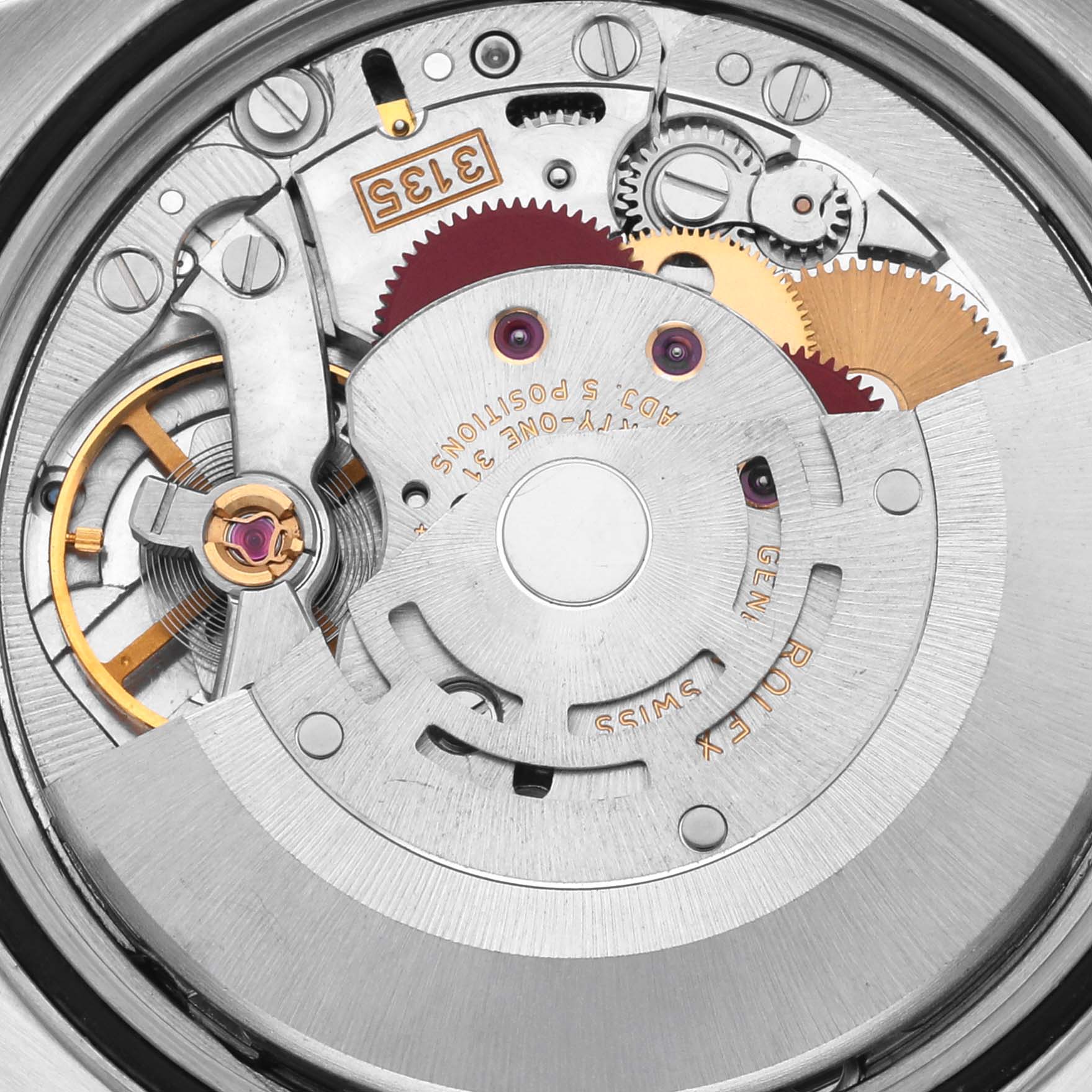 The image shows the internal movement mechanism of a Rolex Datejust 16234 Men's Stainless Steel Silver Dial 16234 Men's Stainless Steel Silver Dial watch from a top-down angle.
