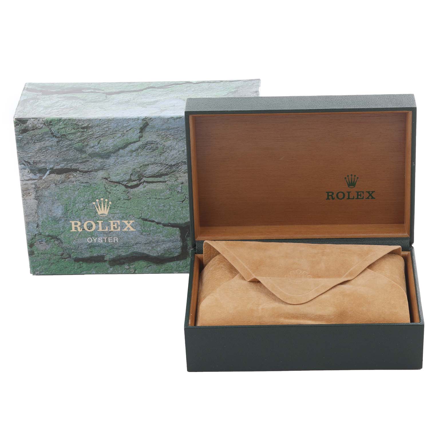 The image shows a Rolex Datejust 16234 Men's Stainless Steel Silver Dial 16234 Men's Stainless Steel Silver Dial box and pouch from a frontal angle with the box lid open.