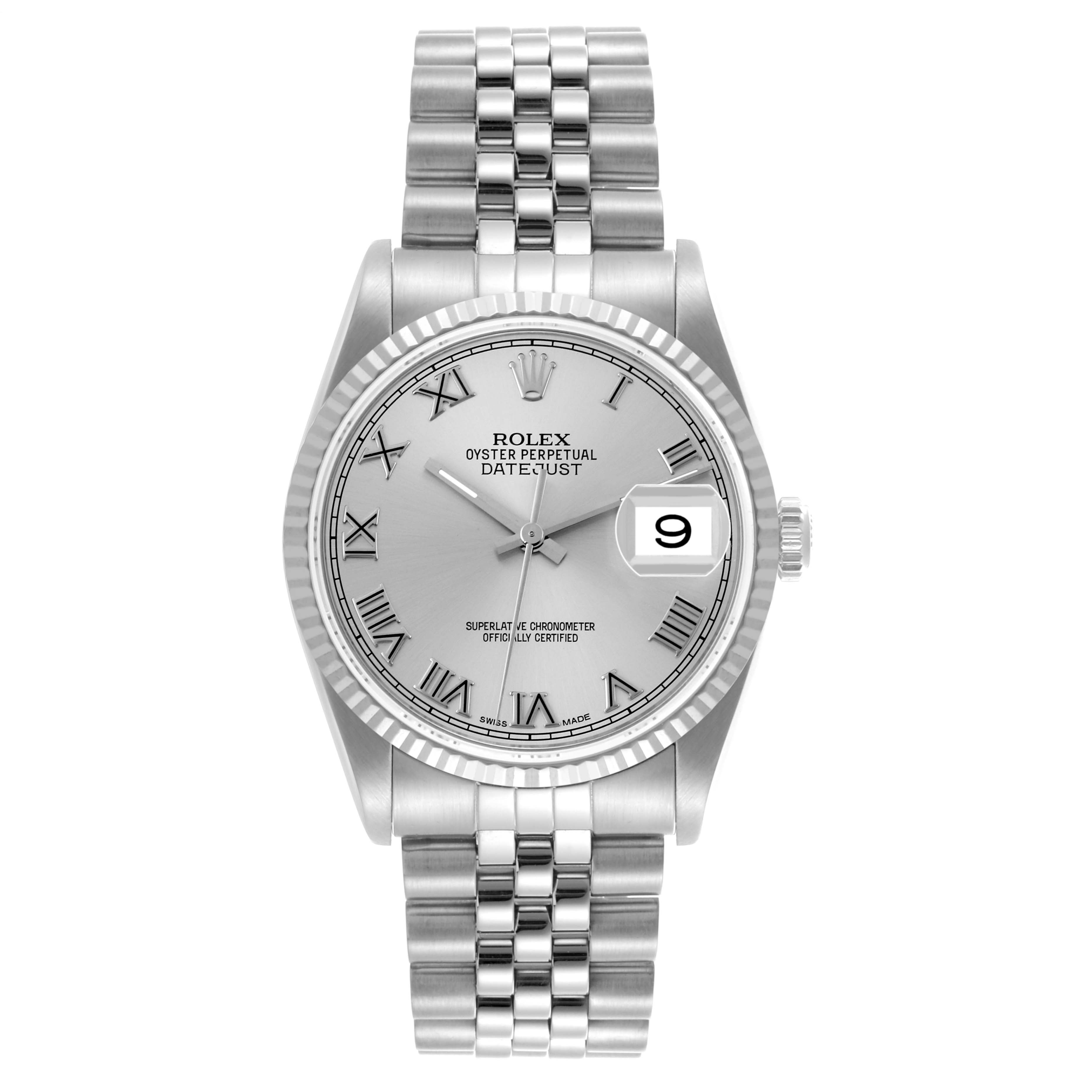 The Rolex Datejust 16234 Men's Stainless Steel Silver Dial 16234 Men's Stainless Steel Silver Dial watch is shown from the front, highlighting the dial, bezel, crown, and bracelet.