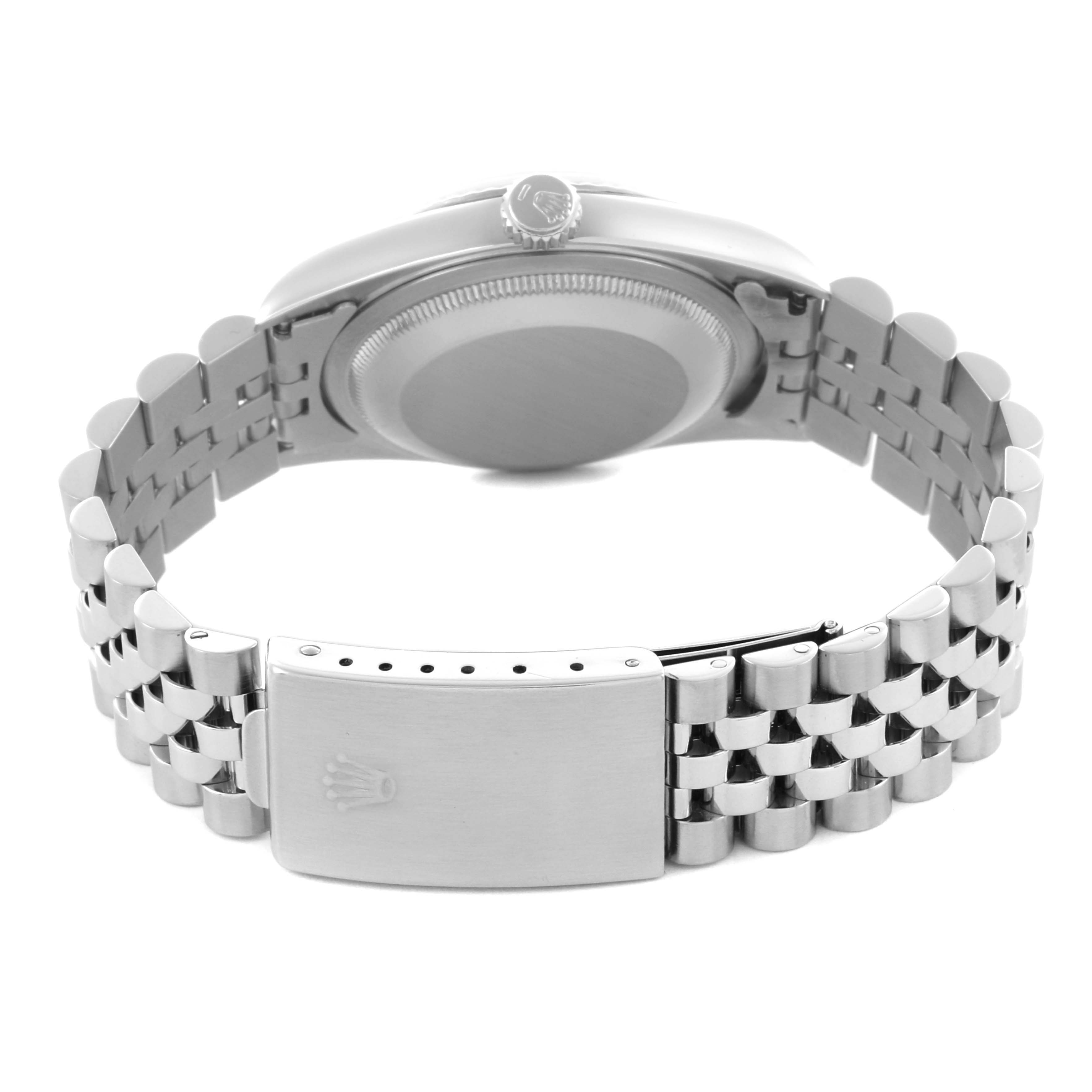 The image shows the back of a Rolex Datejust 16234 Men's Stainless Steel Silver Dial 16234 Men's Stainless Steel Silver Dial watch, focusing on the case back, crown, and Jubilee bracelet clasp.