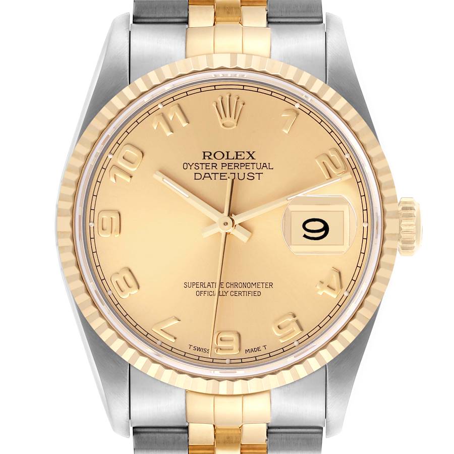 The Rolex Datejust watch is shown from the front, featuring the dial, bezel, and part of the bracelet.