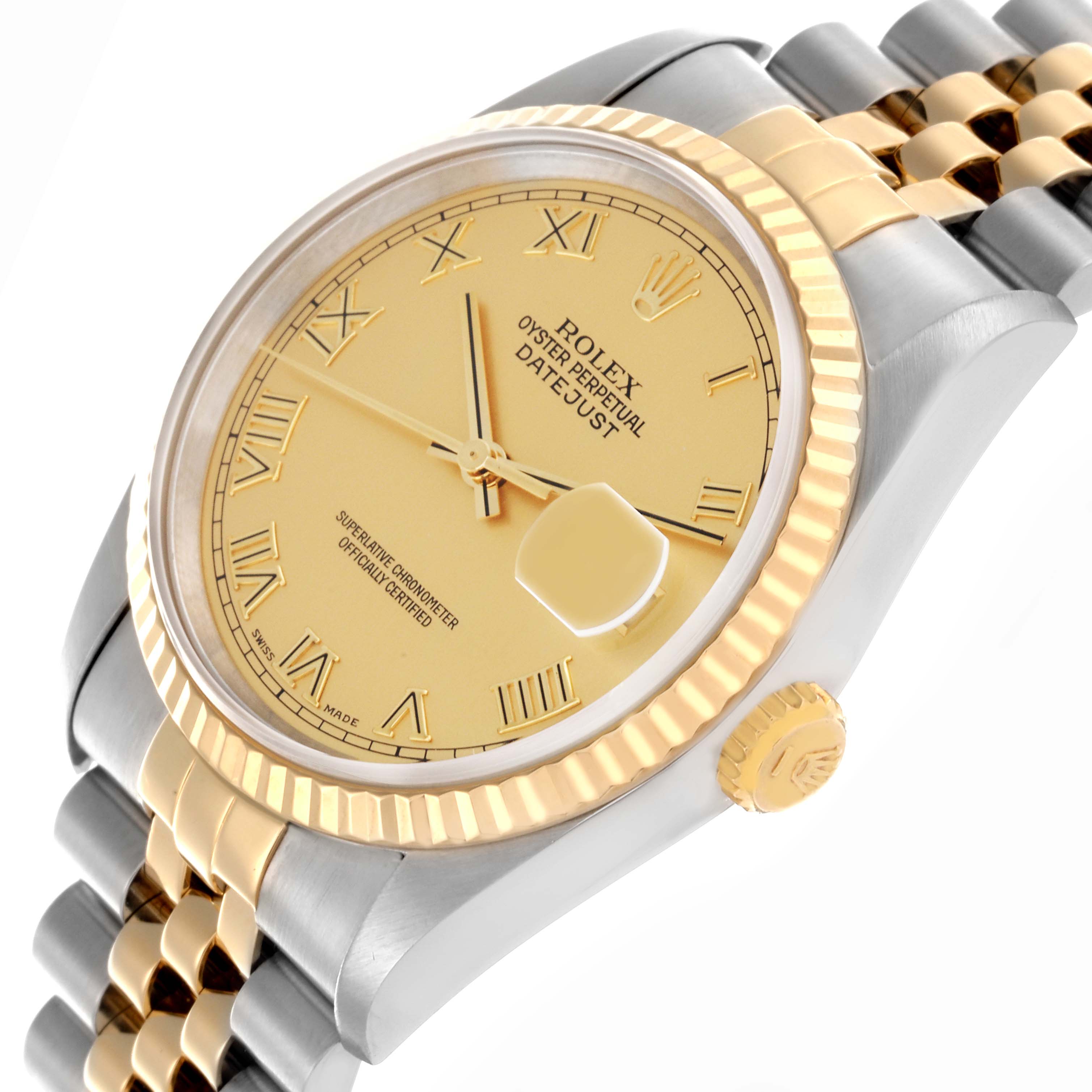 The image shows a Rolex Datejust 16233 Men's Steel and Gold (two tone) Champagne Dial 16233 Men's Steel and Gold (two tone) Champagne Dial watch at a three-quarter angle highlighting the face, bezel, and crown.
