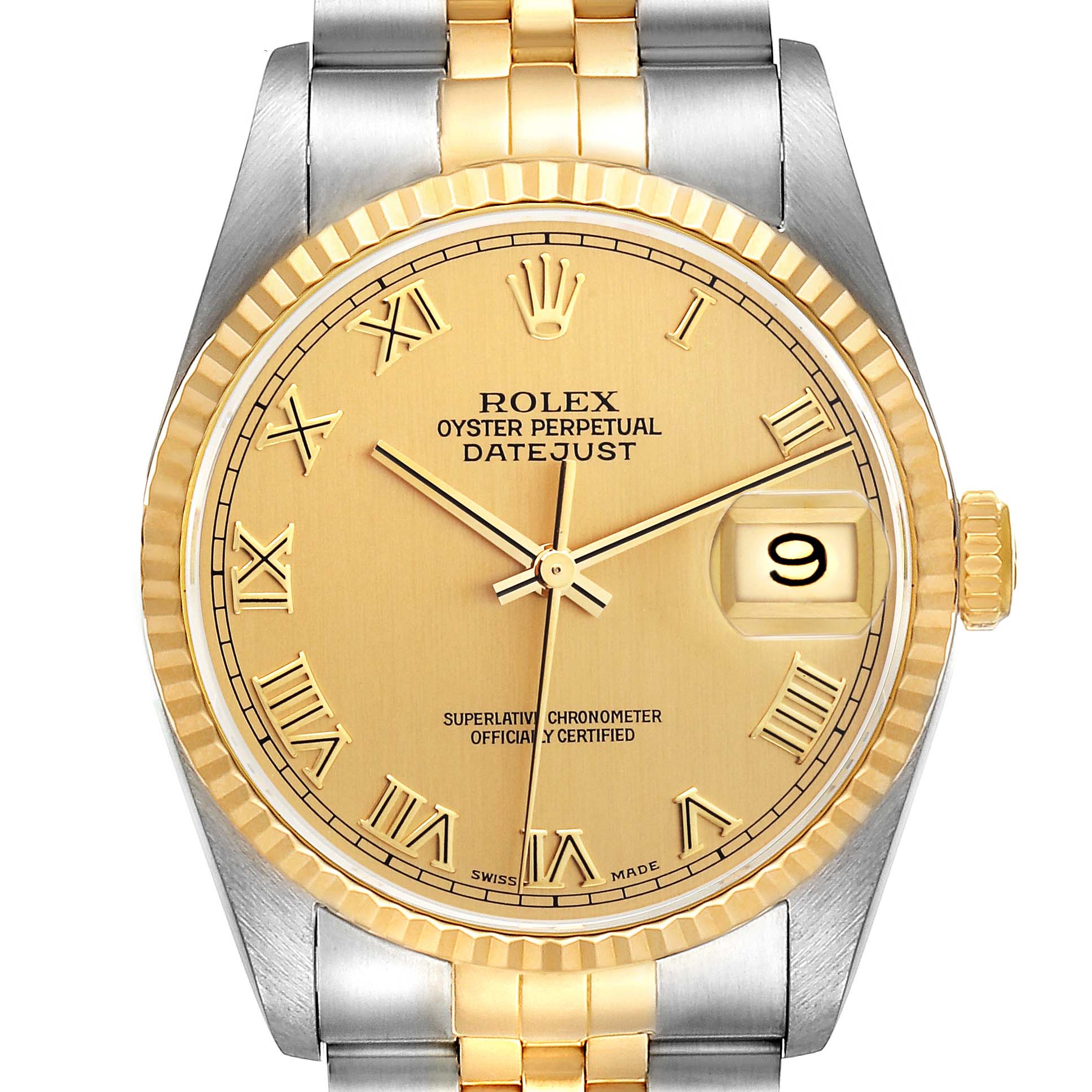 The Rolex Datejust 16233 Men's Steel and Gold (two tone) Champagne Dial 16233 Men's Steel and Gold (two tone) Champagne Dial watch is shown from a top angle, highlighting the dial, bezel, crown, and parts of the bracelet.