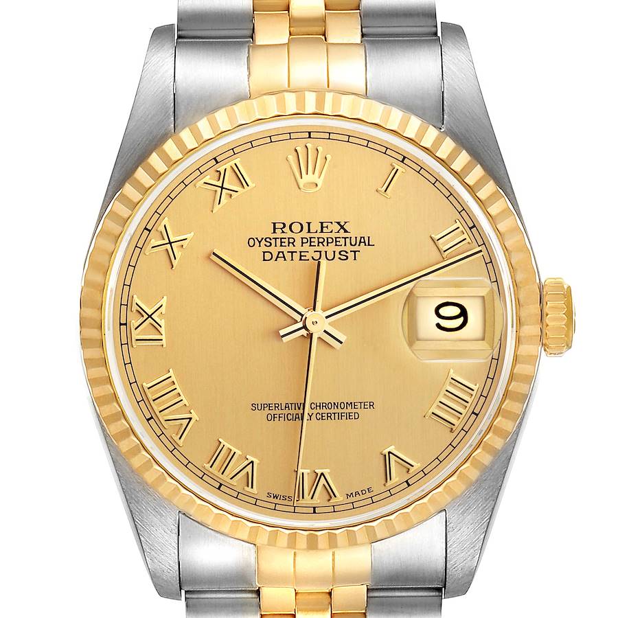 The Rolex Datejust watch is shown from a top angle, highlighting the dial, bezel, crown, and parts of the bracelet.