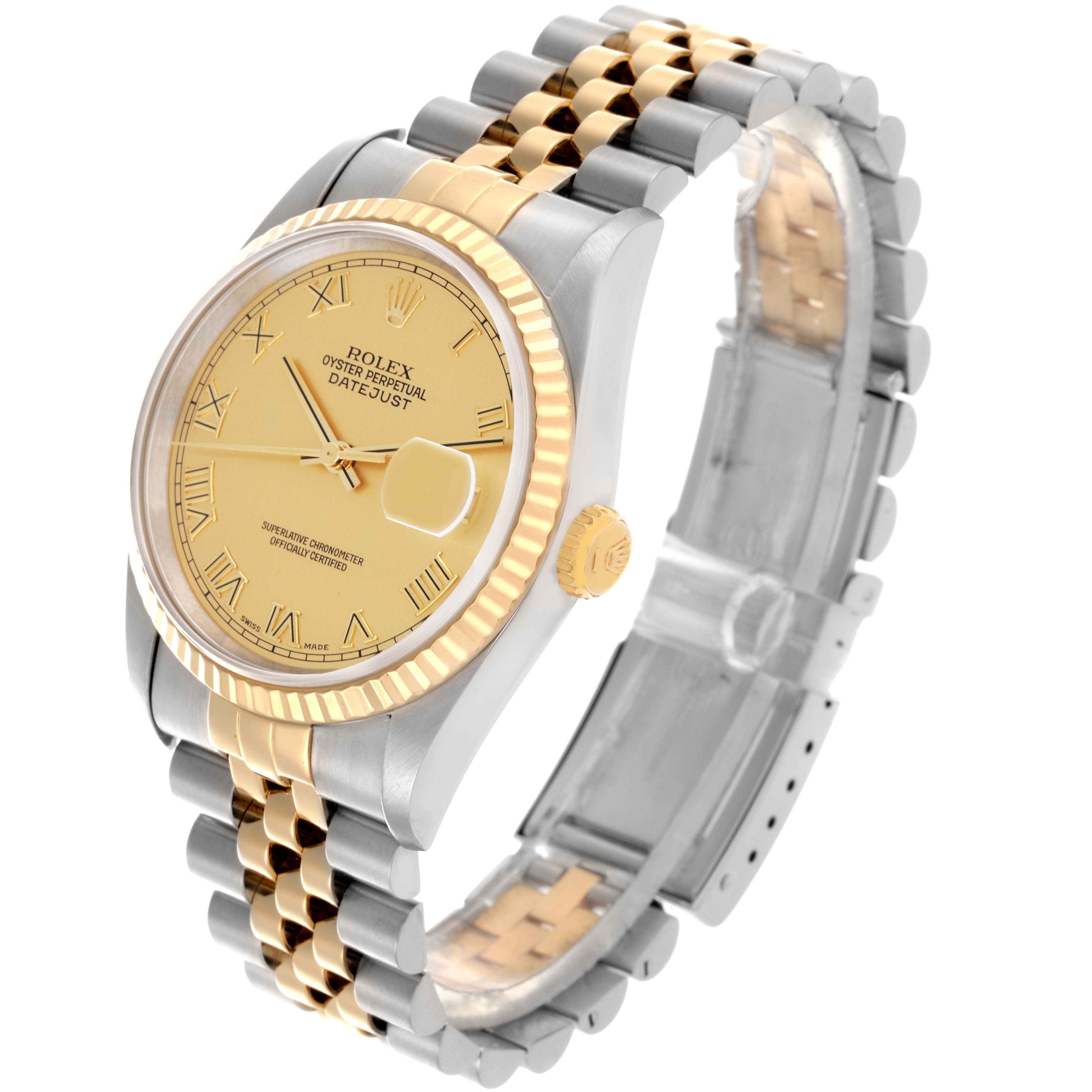 The Rolex Datejust 16233 Men's Steel and Gold (two tone) Champagne Dial 16233 Men's Steel and Gold (two tone) Champagne Dial watch is shown at a tilted angle, displaying the face, bezel, crown, and bracelet.