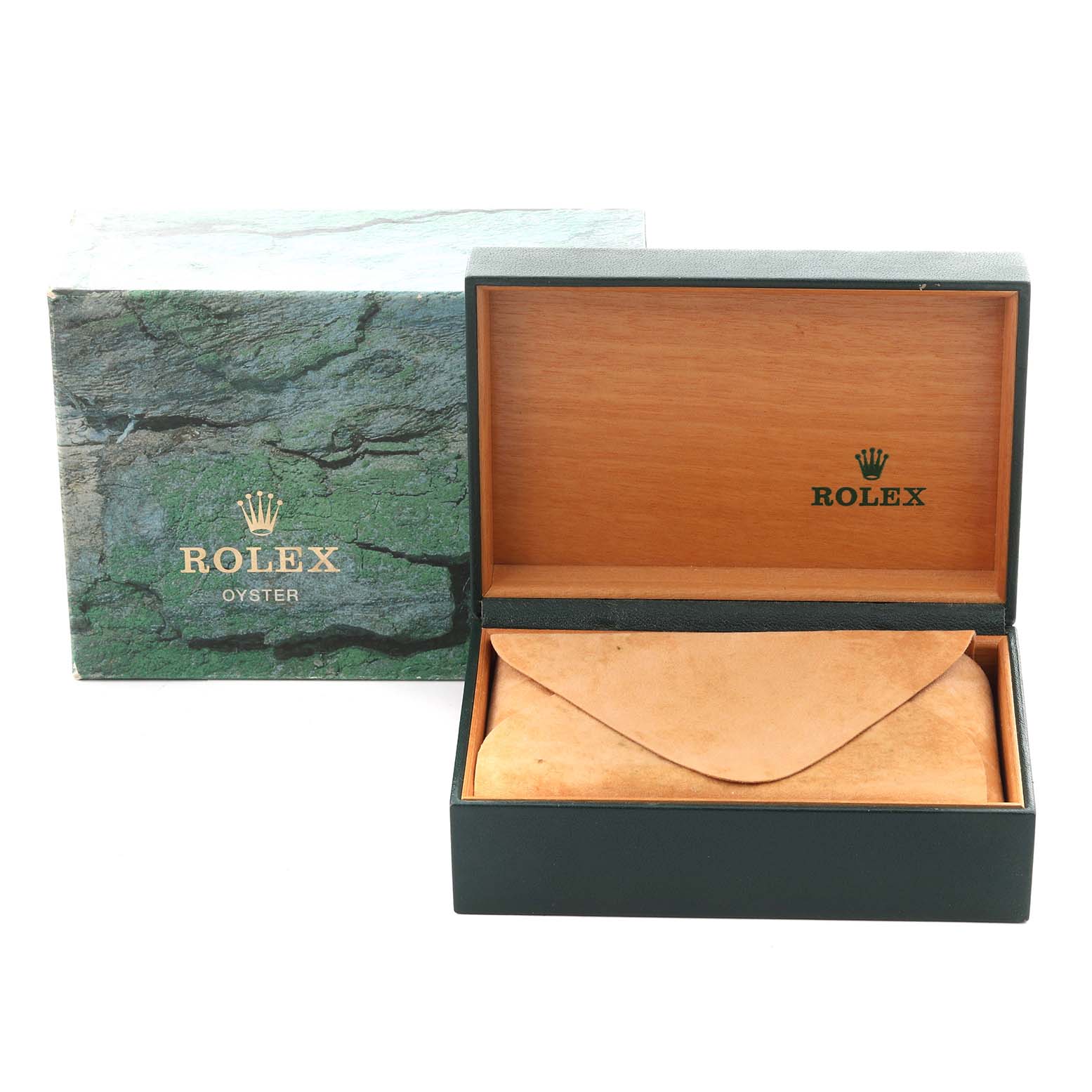 The image shows the Rolex Datejust 16233 Men's Steel and Gold (two tone) Champagne Dial 16233 Men's Steel and Gold (two tone) Champagne Dial watch packaging with an open green box revealing a tan pouch inside.