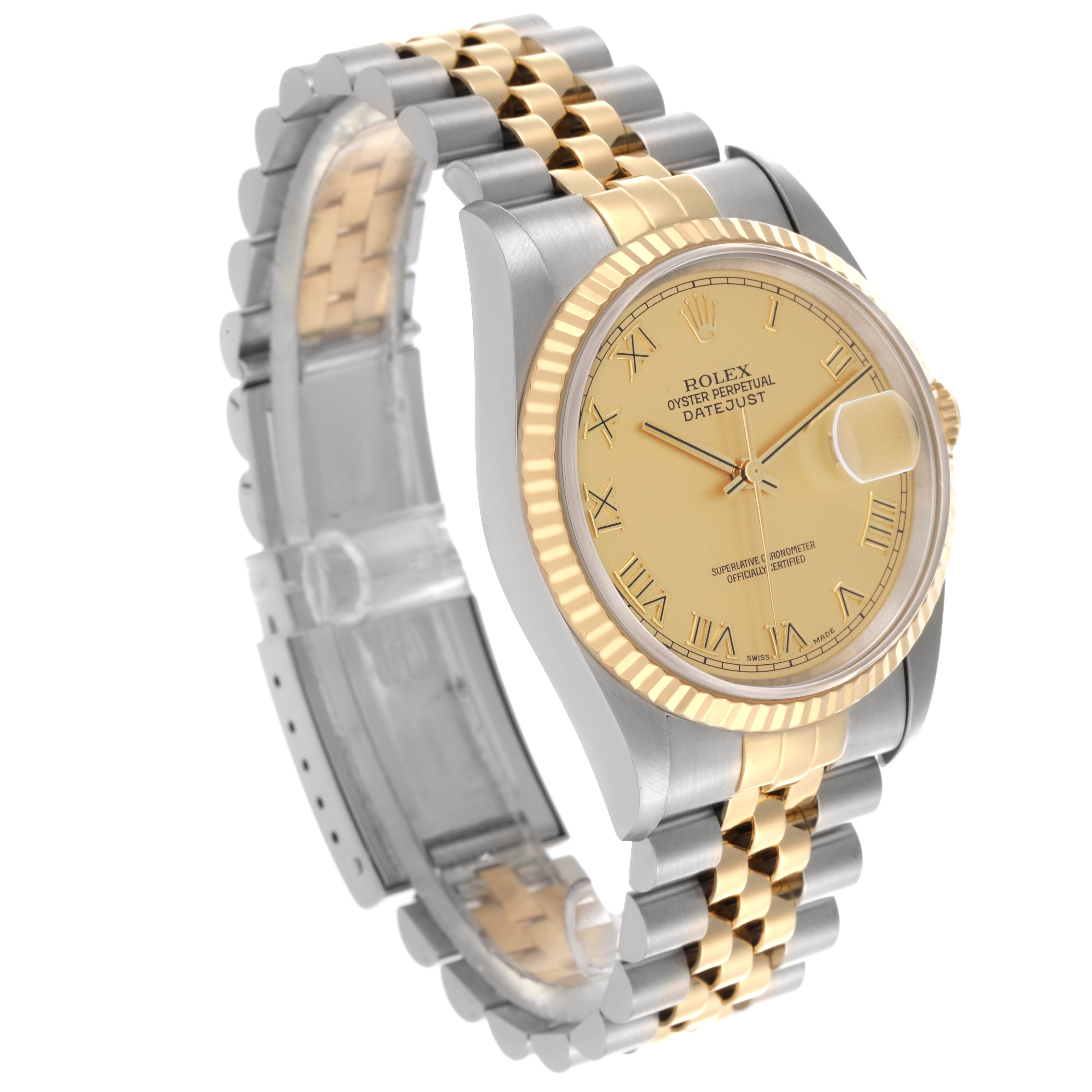 The Rolex Datejust 16233 Men's Steel and Gold (two tone) Champagne Dial 16233 Men's Steel and Gold (two tone) Champagne Dial watch is shown at a side angle, highlighting the dial, bezel, and two-tone bracelet.