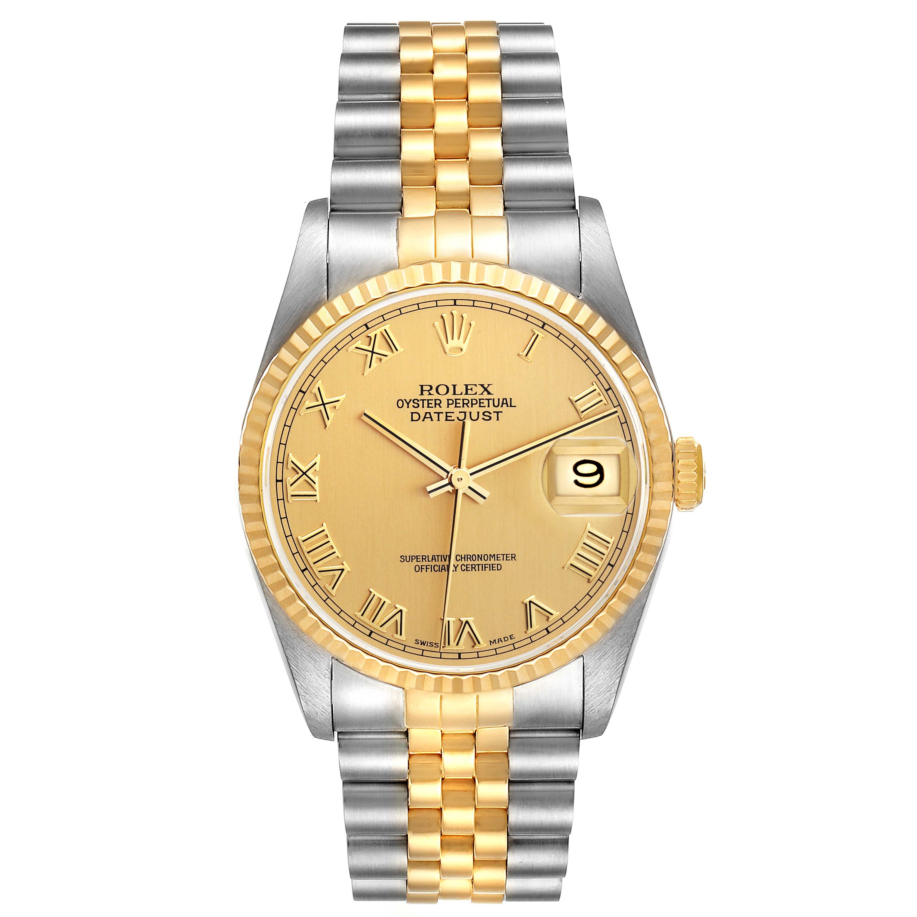 The Rolex Datejust 16233 Men's Steel and Gold (two tone) Champagne Dial 16233 Men's Steel and Gold (two tone) Champagne Dial watch is shown from the front, highlighting its dial, fluted bezel, and two-tone bracelet.