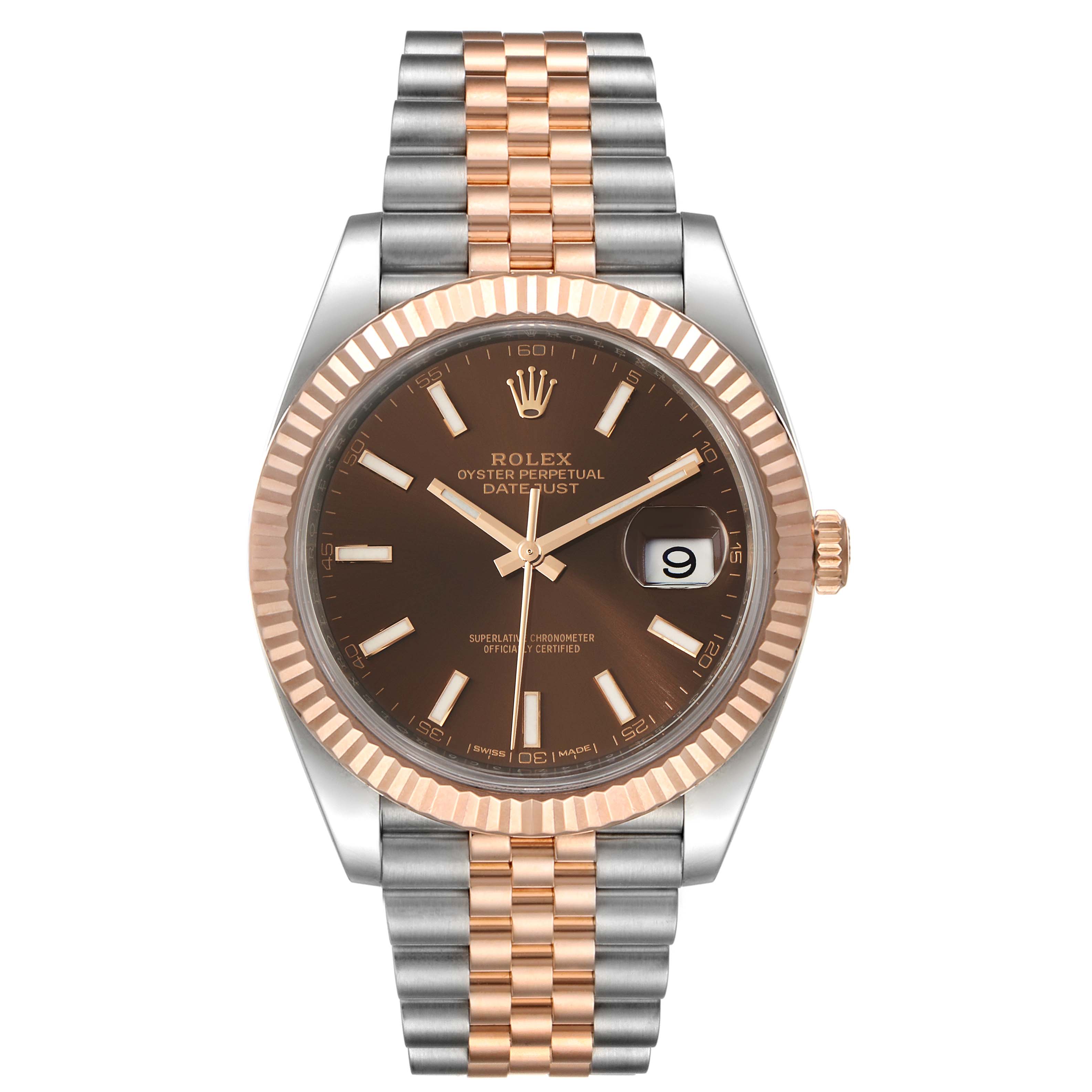 This image shows the Rolex Datejust 41 126331 Men's Steel and Gold (two tone) Brown Dial 126331 Men's Steel and Gold (two tone) Brown Dial watch from a frontal angle, highlighting its chocolate dial, fluted bezel, and two-tone bracelet.