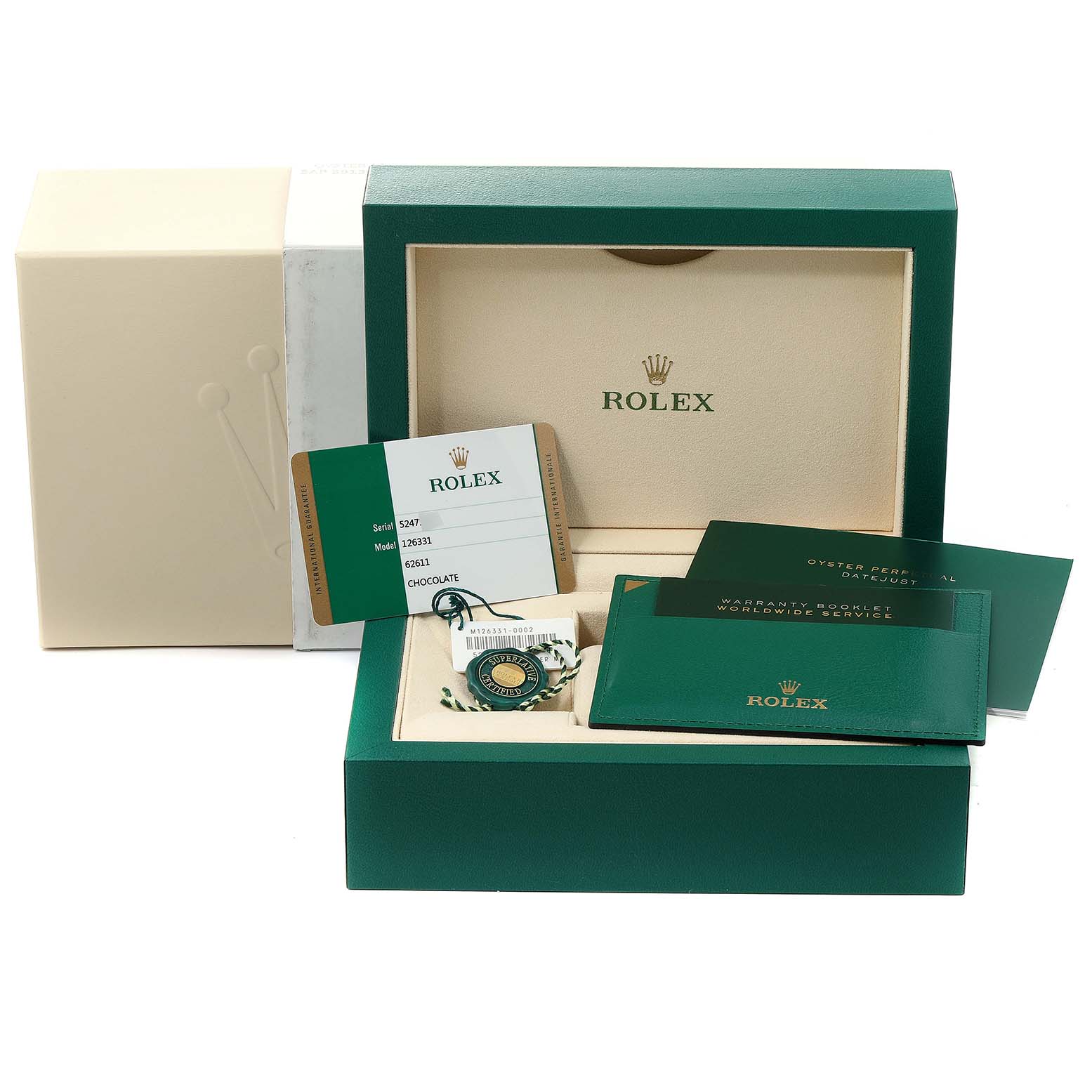 The image shows the packaging and accessories for a Rolex Datejust 41 126331 Men's Steel and Gold (two tone) Brown Dial 126331 Men's Steel and Gold (two tone) Brown Dial, including the box, warranty card, manual, and tag.