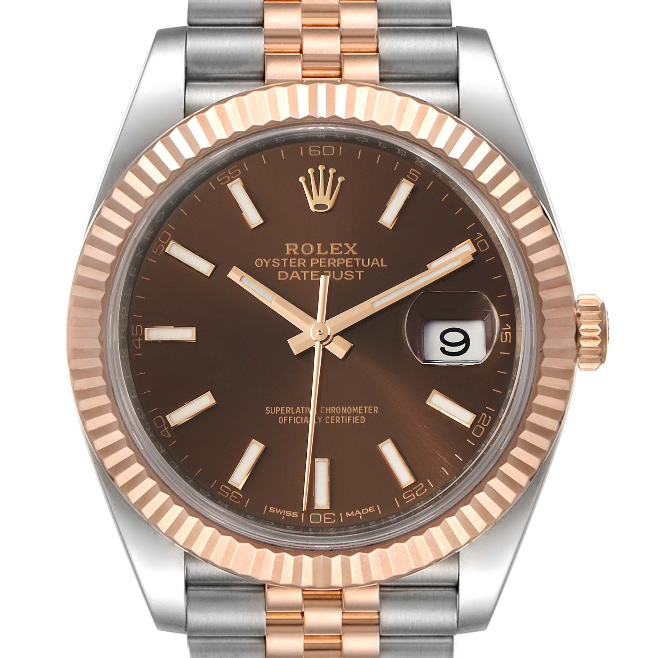 This image shows a close-up of the dial, bezel, crown, and part of the bracelet of a Rolex Datejust 41 126331 Men's Steel and Gold (two tone) Brown Dial 126331 Men's Steel and Gold (two tone) Brown Dial.