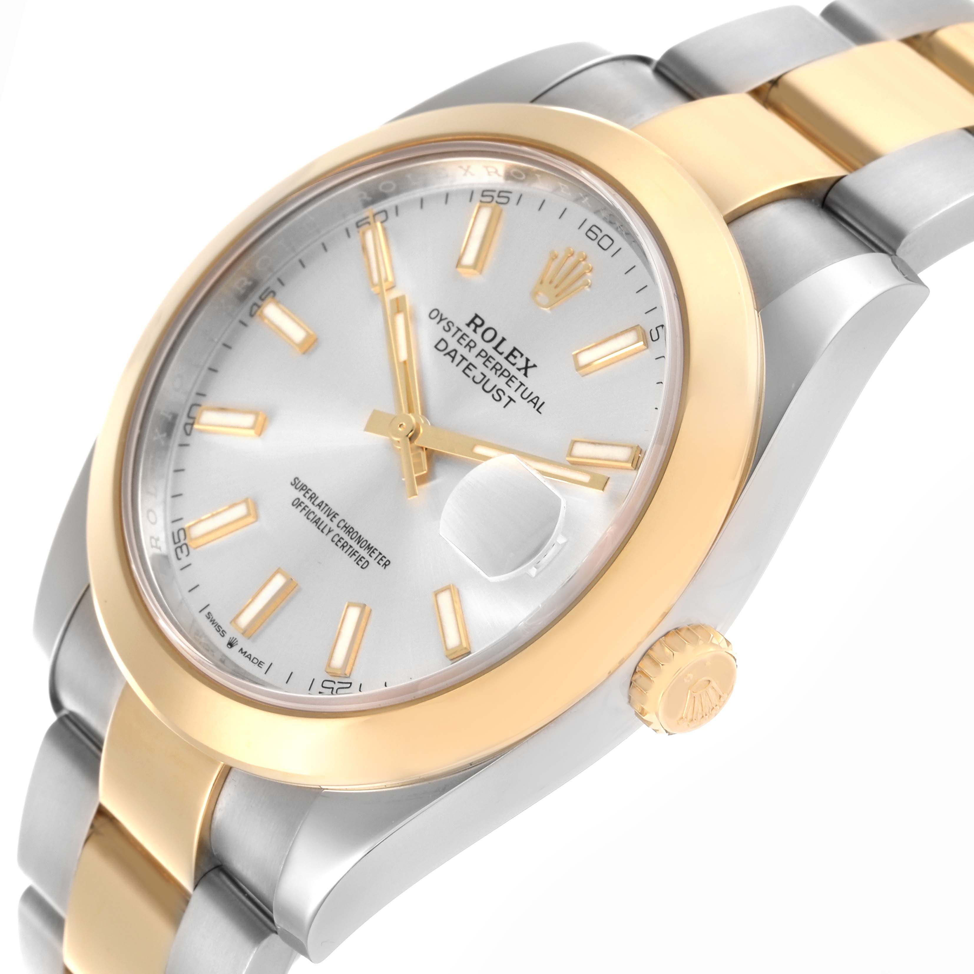 The Rolex Datejust 41 126303 Men's Steel and Gold (two tone) Silver Dial 126303 Men's Steel and Gold (two tone) Silver Dial is shown at a side angle, highlighting the gold bezel, bracelet, dial, and crown.