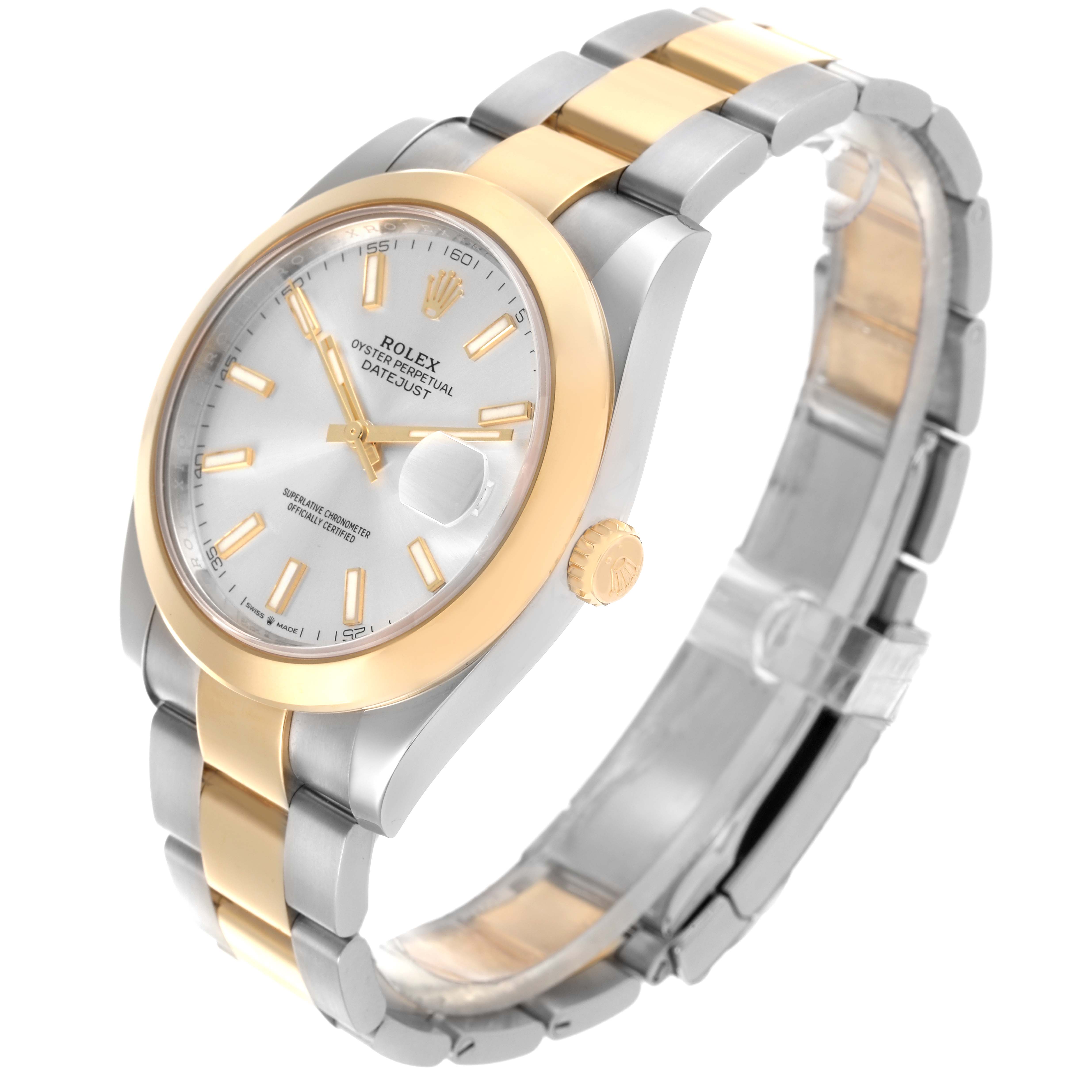 The Rolex Datejust 41 126303 Men's Steel and Gold (two tone) Silver Dial 126303 Men's Steel and Gold (two tone) Silver Dial is shown at a three-quarter angle, highlighting the face, bezel, and bracelet.