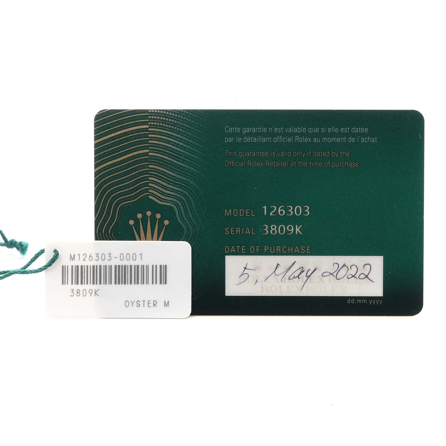 The image shows a warranty card and tag for the Rolex Datejust 41 126303 Men's Steel and Gold (two tone) Silver Dial 126303 Men's Steel and Gold (two tone) Silver Dial model.