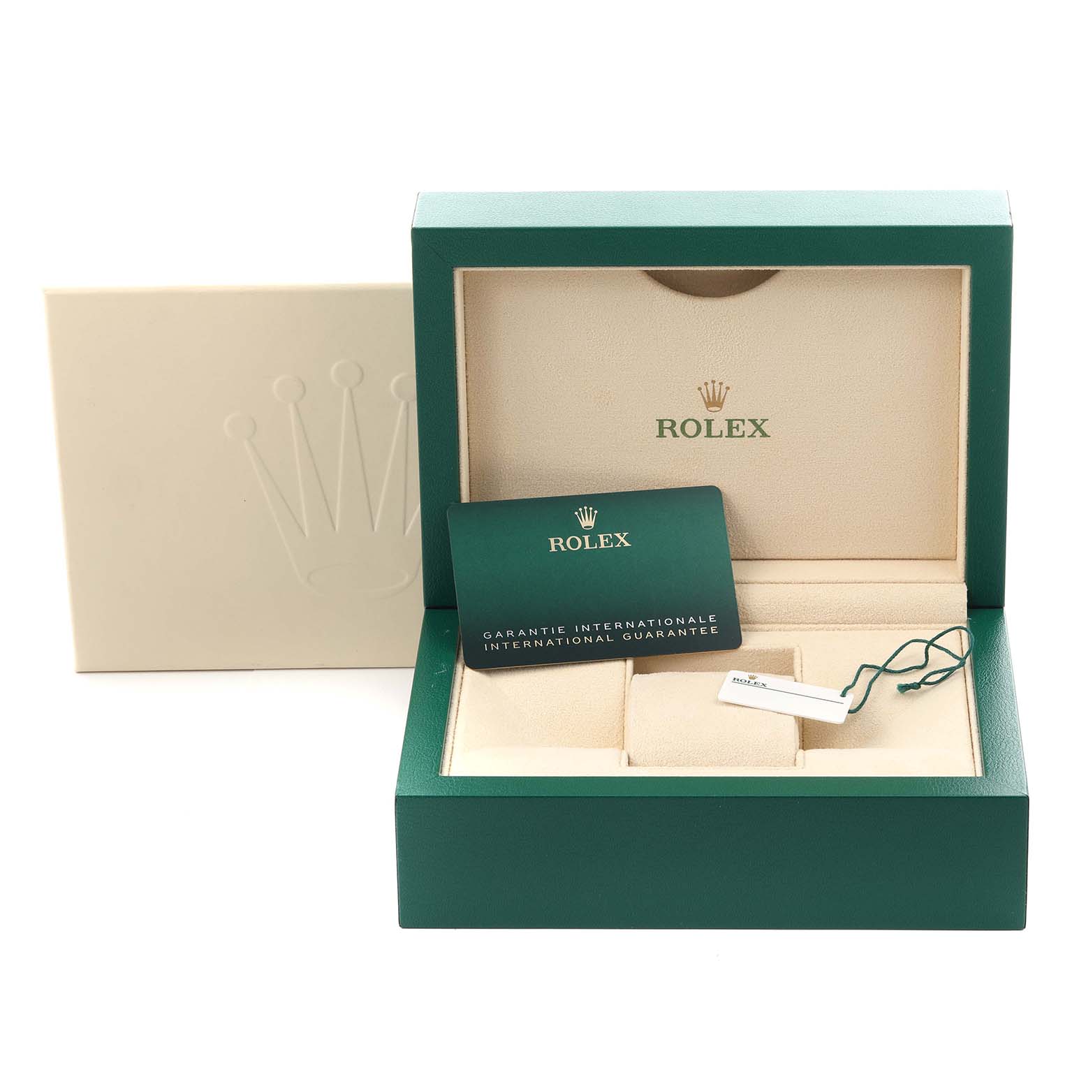 The image shows a Rolex Datejust 41 126303 Men's Steel and Gold (two tone) Silver Dial 126303 Men's Steel and Gold (two tone) Silver Dial box with a guarantee card and tag, viewed from the front.