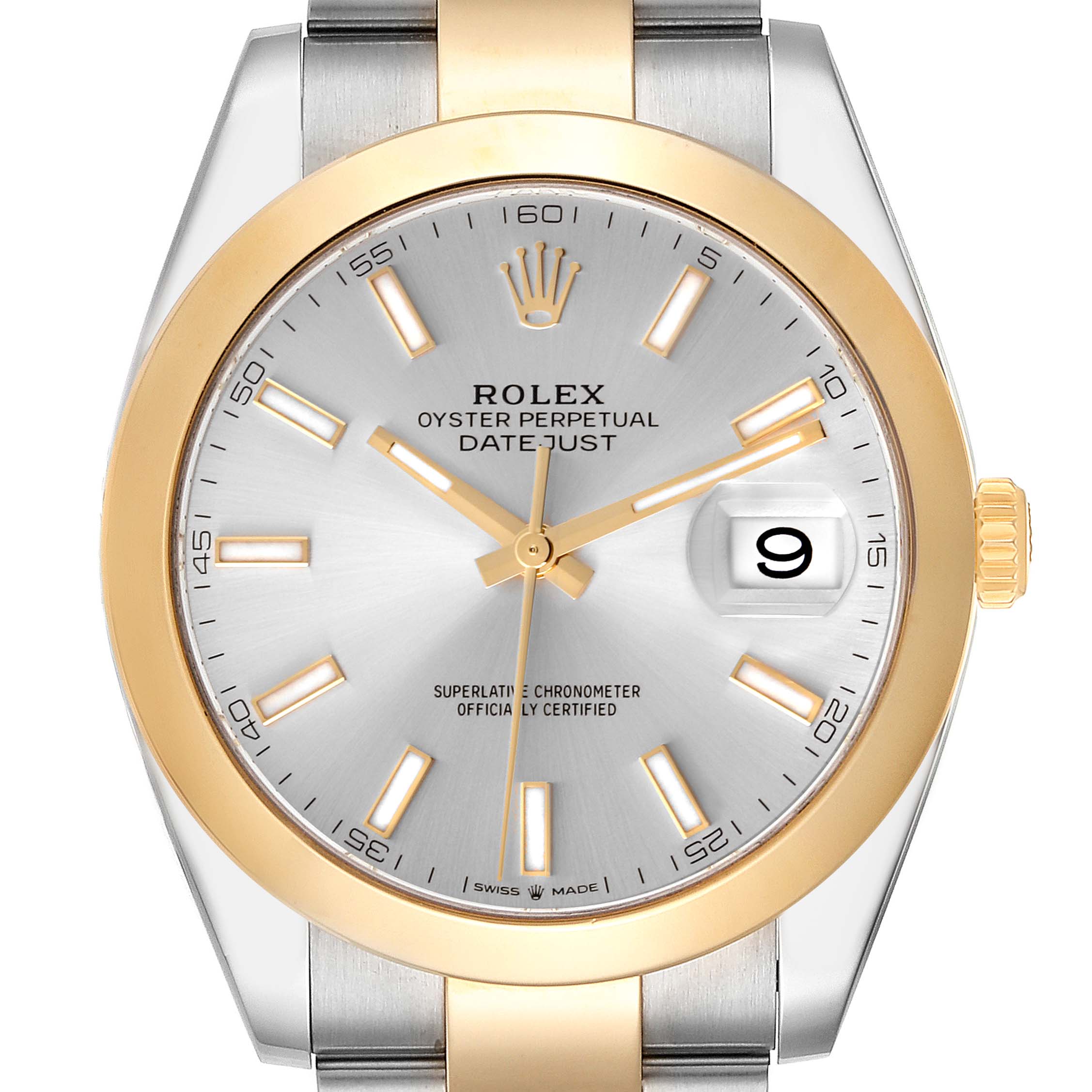The Rolex Datejust 41 126303 Men's Steel and Gold (two tone) Silver Dial 126303 Men's Steel and Gold (two tone) Silver Dial watch is shown from a front angle, highlighting the dial, bezel, and part of the bracelet.