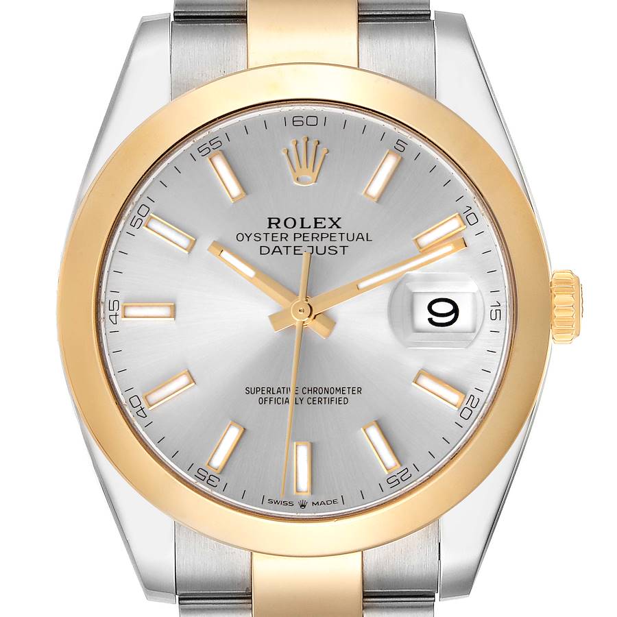 The Rolex Datejust 41 watch is shown from a front angle, highlighting the dial, bezel, and part of the bracelet.