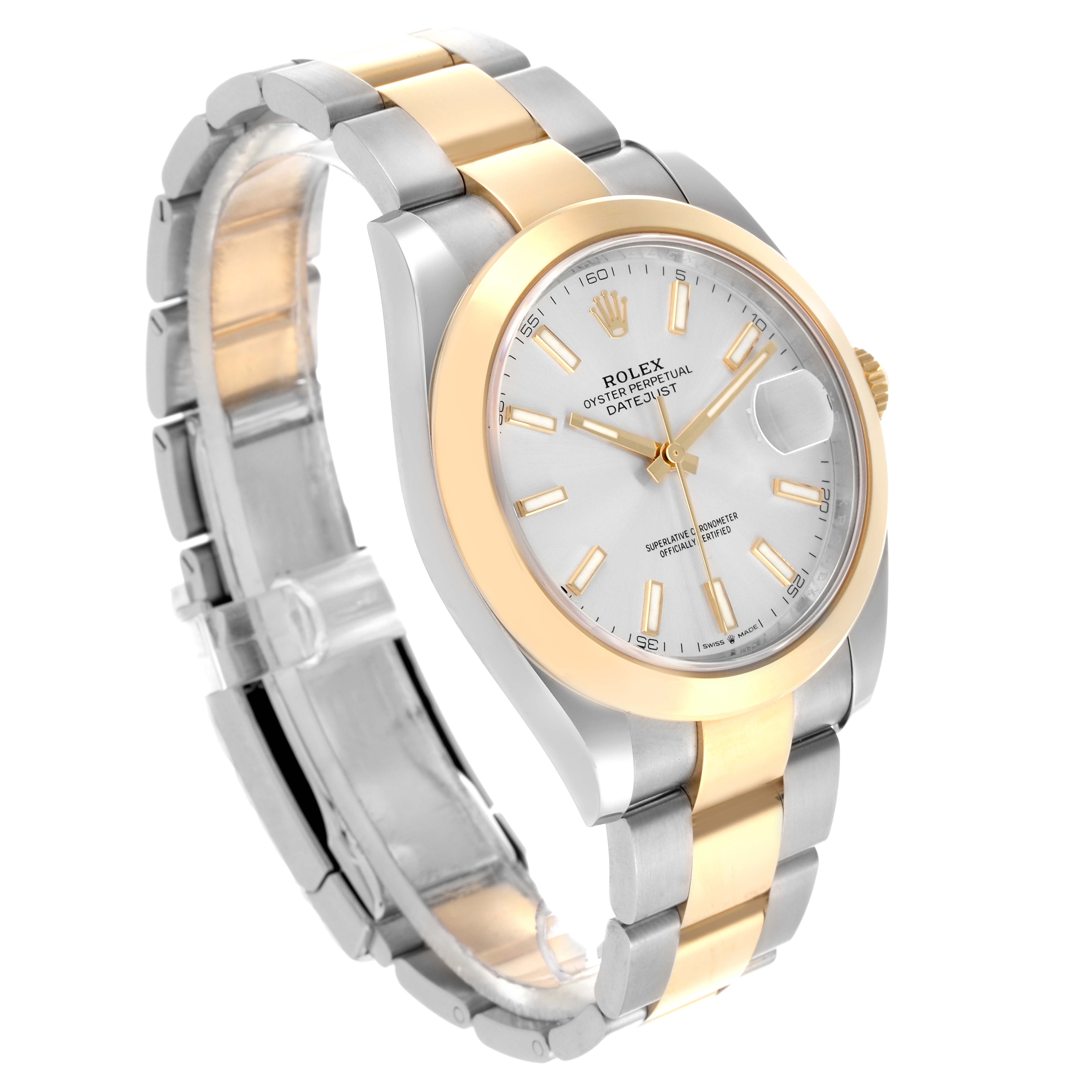 The Rolex Datejust 41 126303 Men's Steel and Gold (two tone) Silver Dial 126303 Men's Steel and Gold (two tone) Silver Dial watch is angled slightly from the side, showing the gold and silver bracelet and the face with date magnifier.