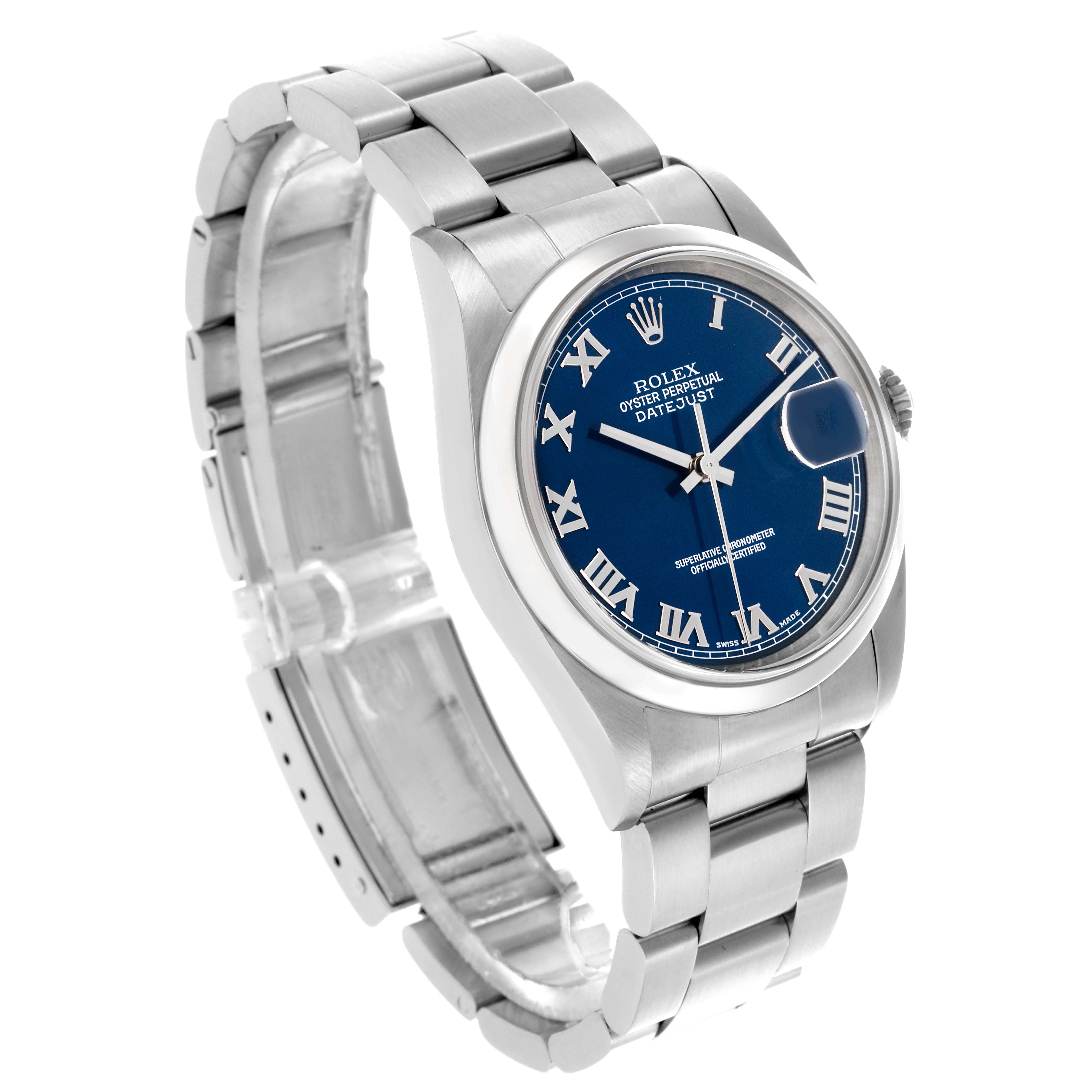 The Rolex Datejust 16200 Men
s Stainless Steel Blue Dial 16200 Men
s Stainless Steel Blue Dial watch is shown at a three-quarter angle, highlighting the dial, bezel, crown, and bracelet.