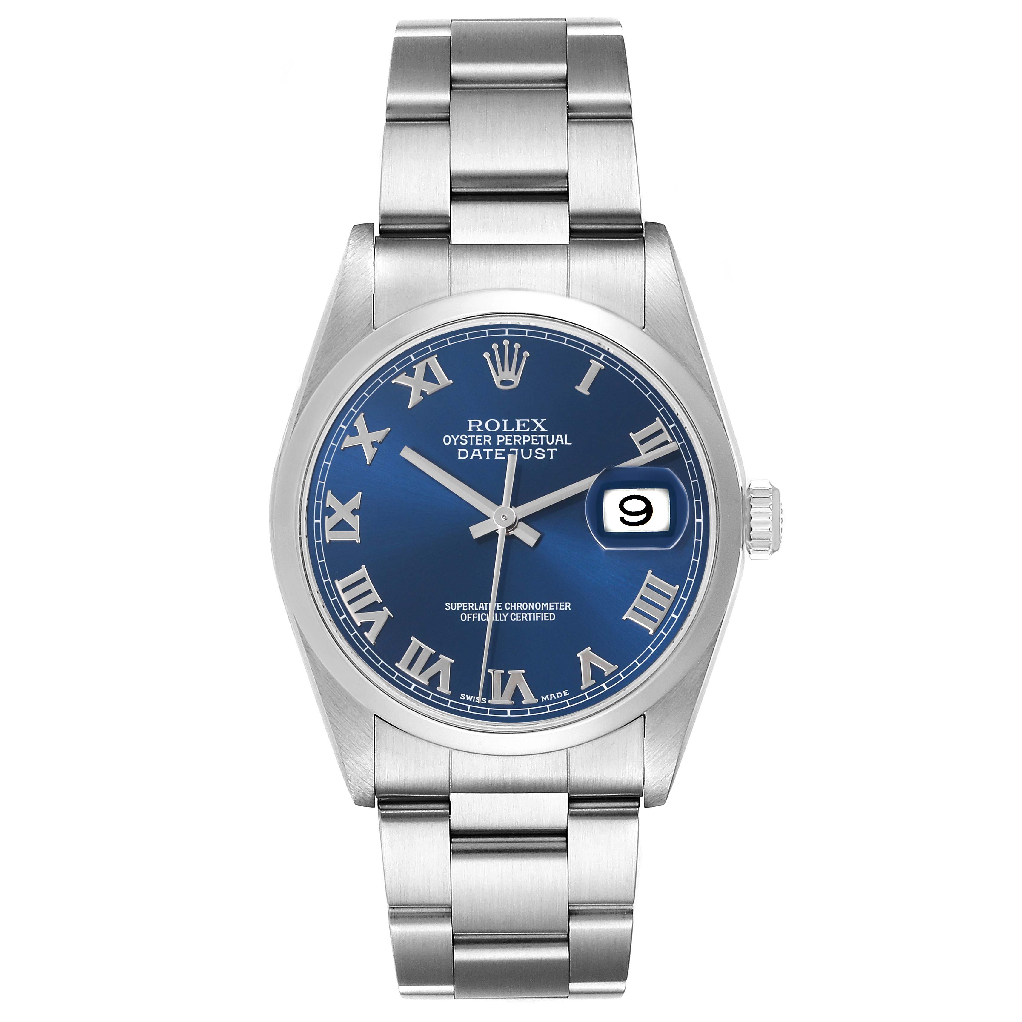The Rolex Datejust 16200 Men
s Stainless Steel Blue Dial 16200 Men
s Stainless Steel Blue Dial watch is shown from the front, highlighting the dial, case, bracelet, and date feature.