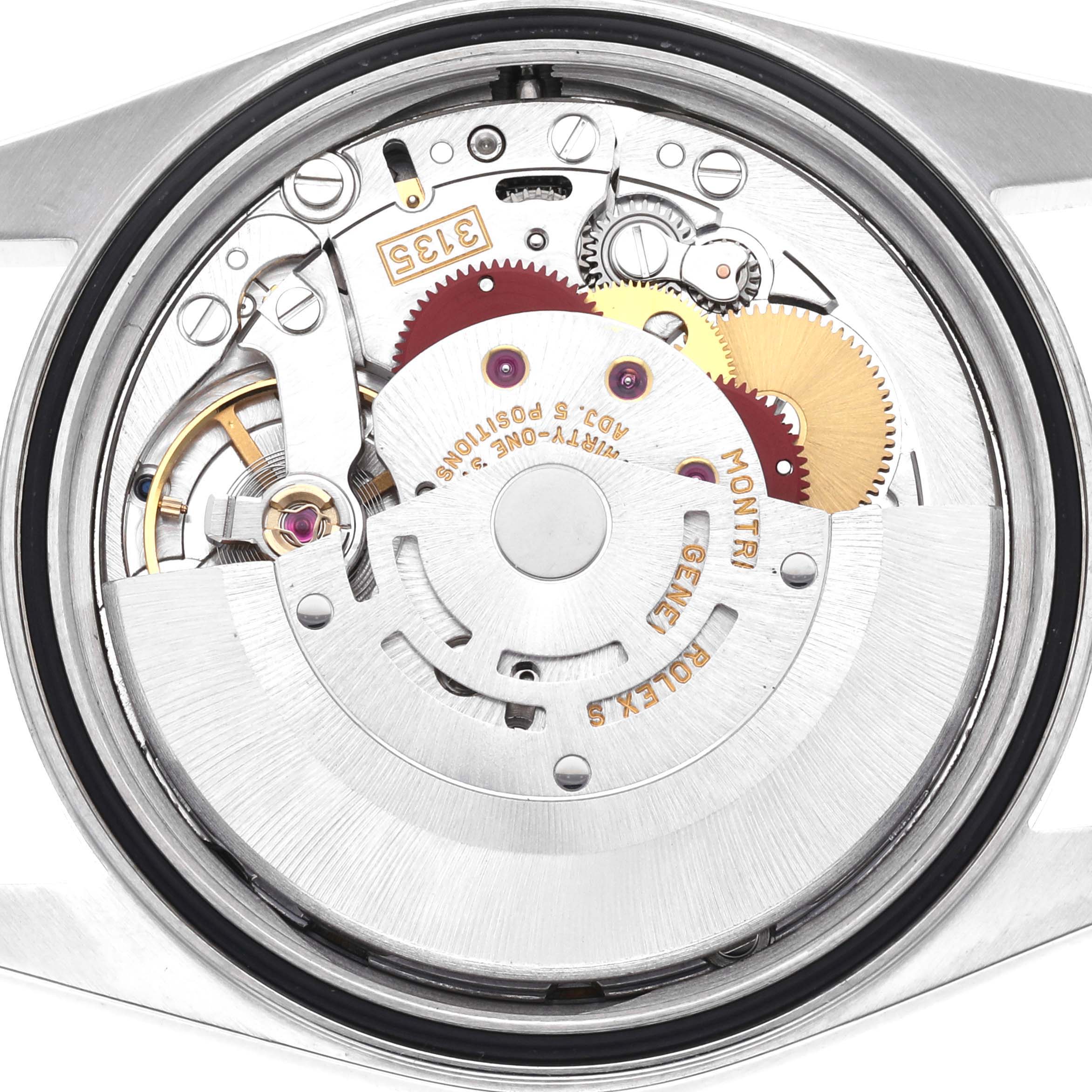 The image shows the detailed movement of a Rolex Datejust 16200 Men
s Stainless Steel Blue Dial 16200 Men
s Stainless Steel Blue Dial watch from the back.