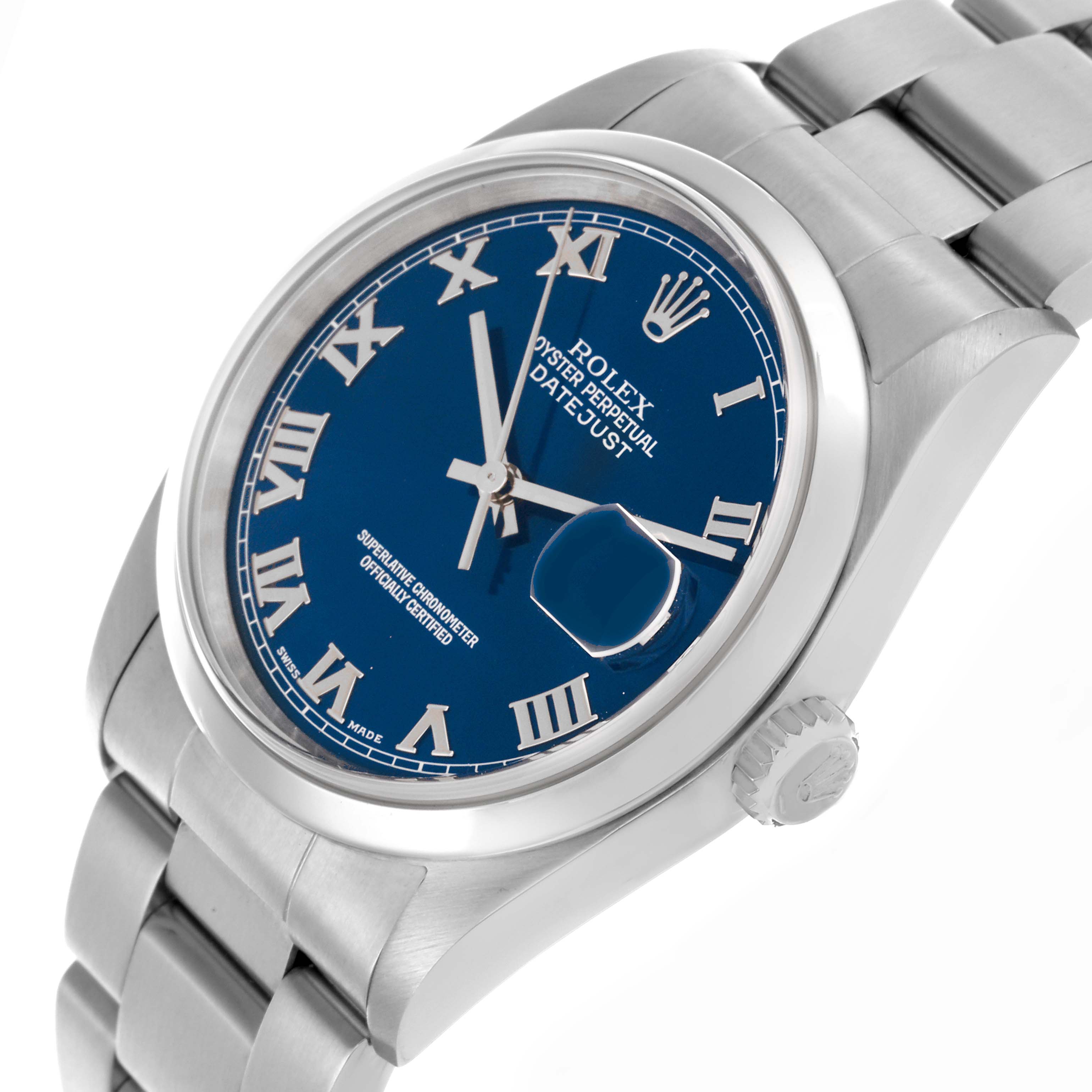 The Rolex Datejust 16200 Men
s Stainless Steel Blue Dial 16200 Men
s Stainless Steel Blue Dial watch is shown at a slight angle, highlighting the dial, crown, and part of the bracelet.