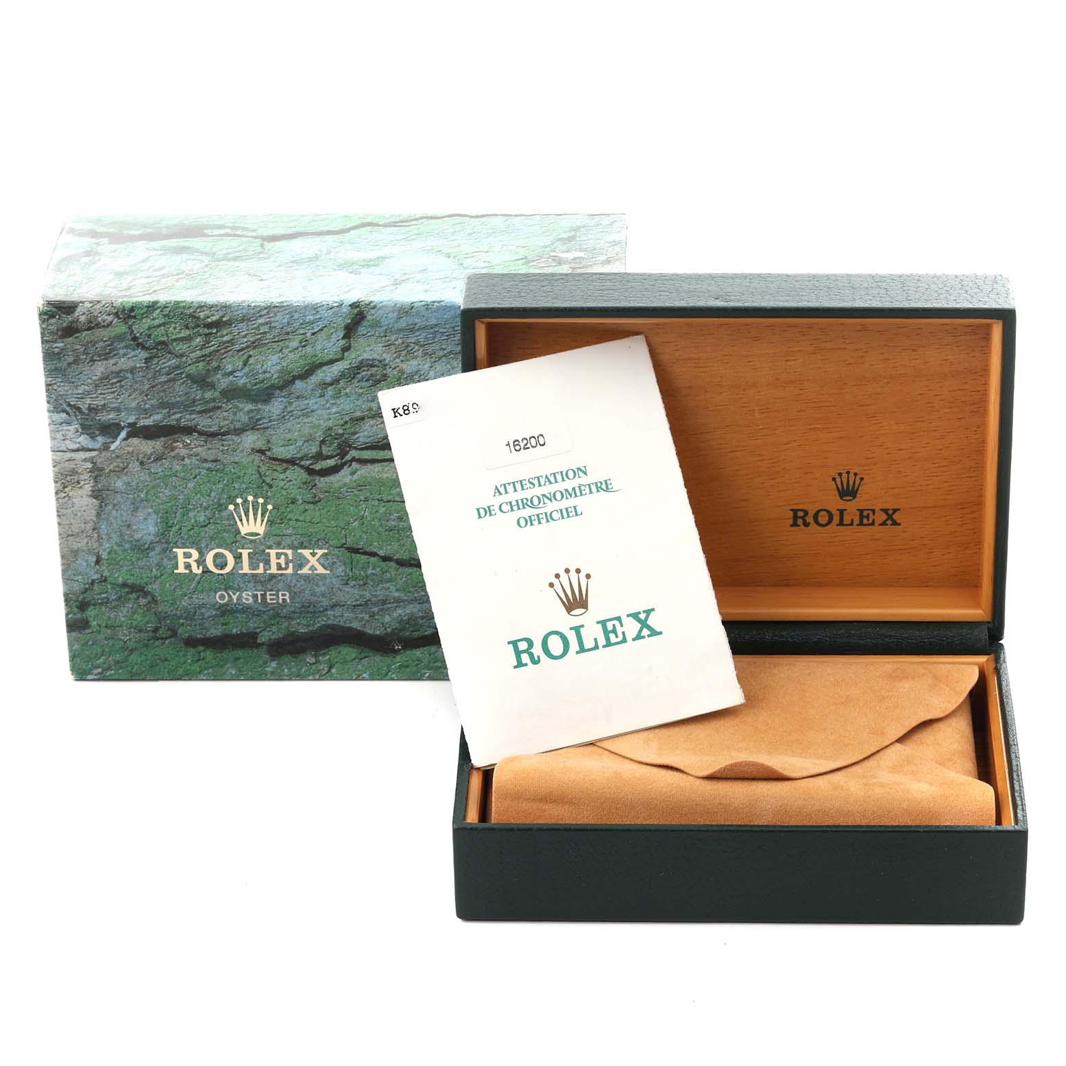The image shows the packaging and warranty card for a Rolex Datejust 16200 Men
s Stainless Steel Blue Dial 16200 Men
s Stainless Steel Blue Dial, including the box and documents.