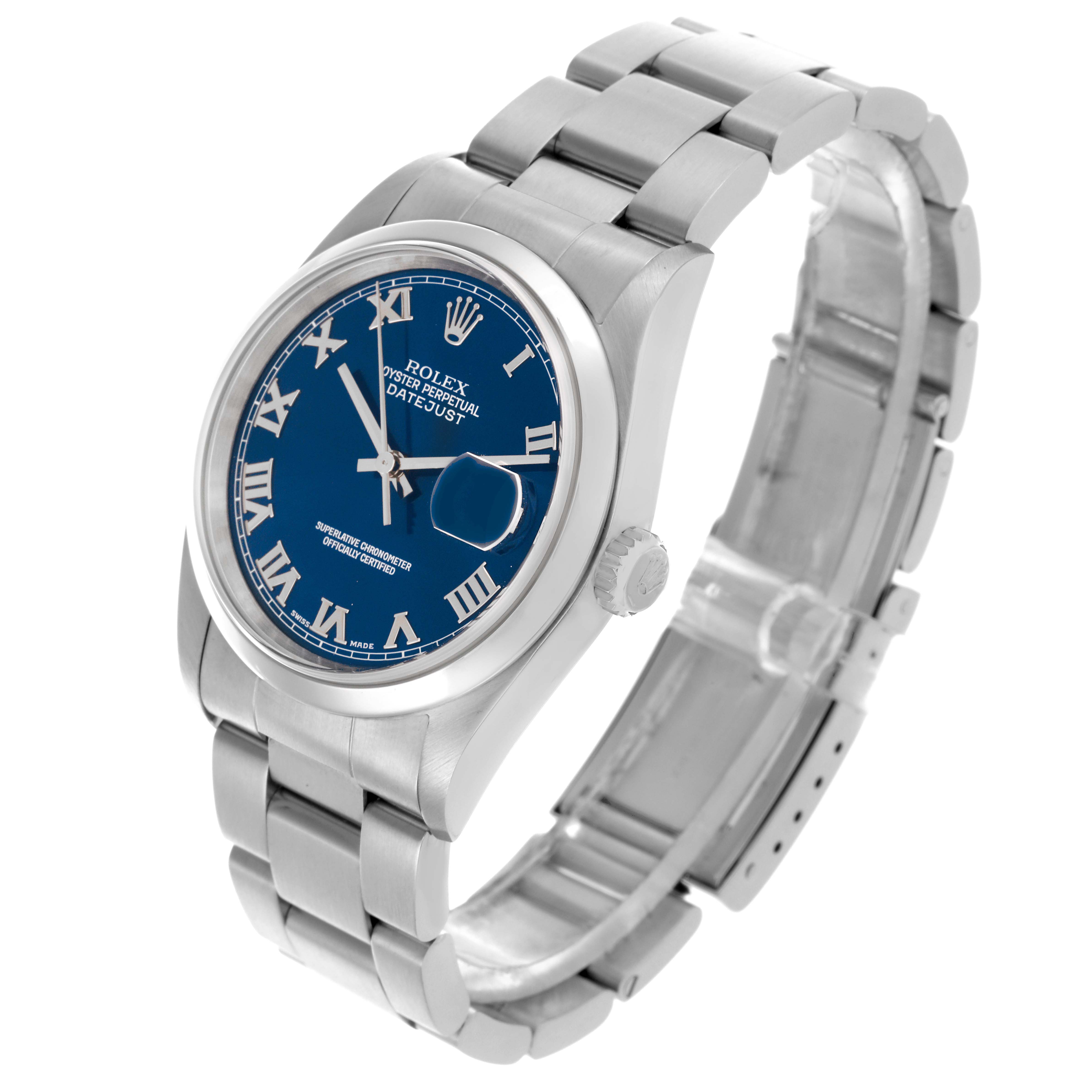 The Rolex Datejust 16200 Men
s Stainless Steel Blue Dial 16200 Men
s Stainless Steel Blue Dial is shown at a slight angle, highlighting the blue dial, bracelet, and crown.