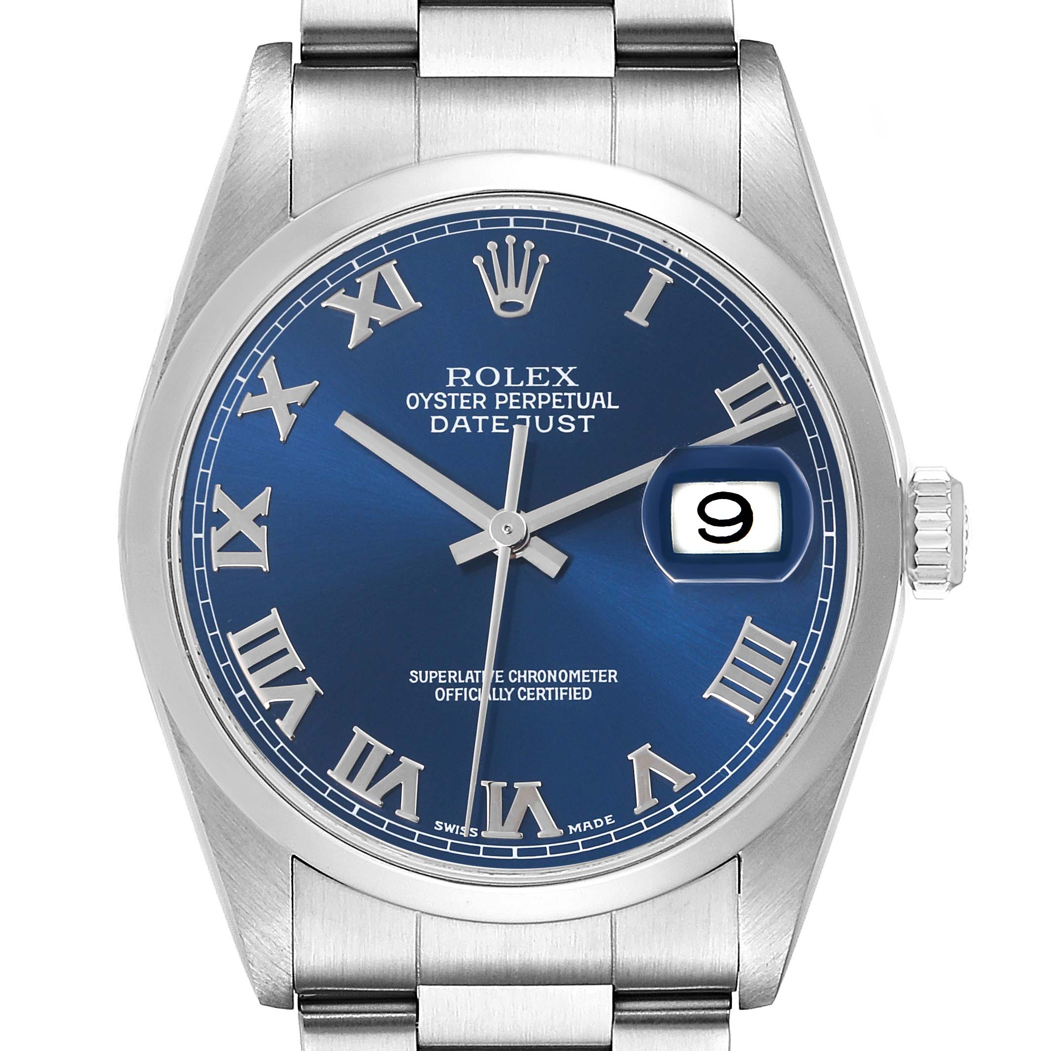The Rolex Datejust 16200 Men
s Stainless Steel Blue Dial 16200 Men
s Stainless Steel Blue Dial watch is shown from a front angle, displaying the blue dial, Roman numerals, and date window.