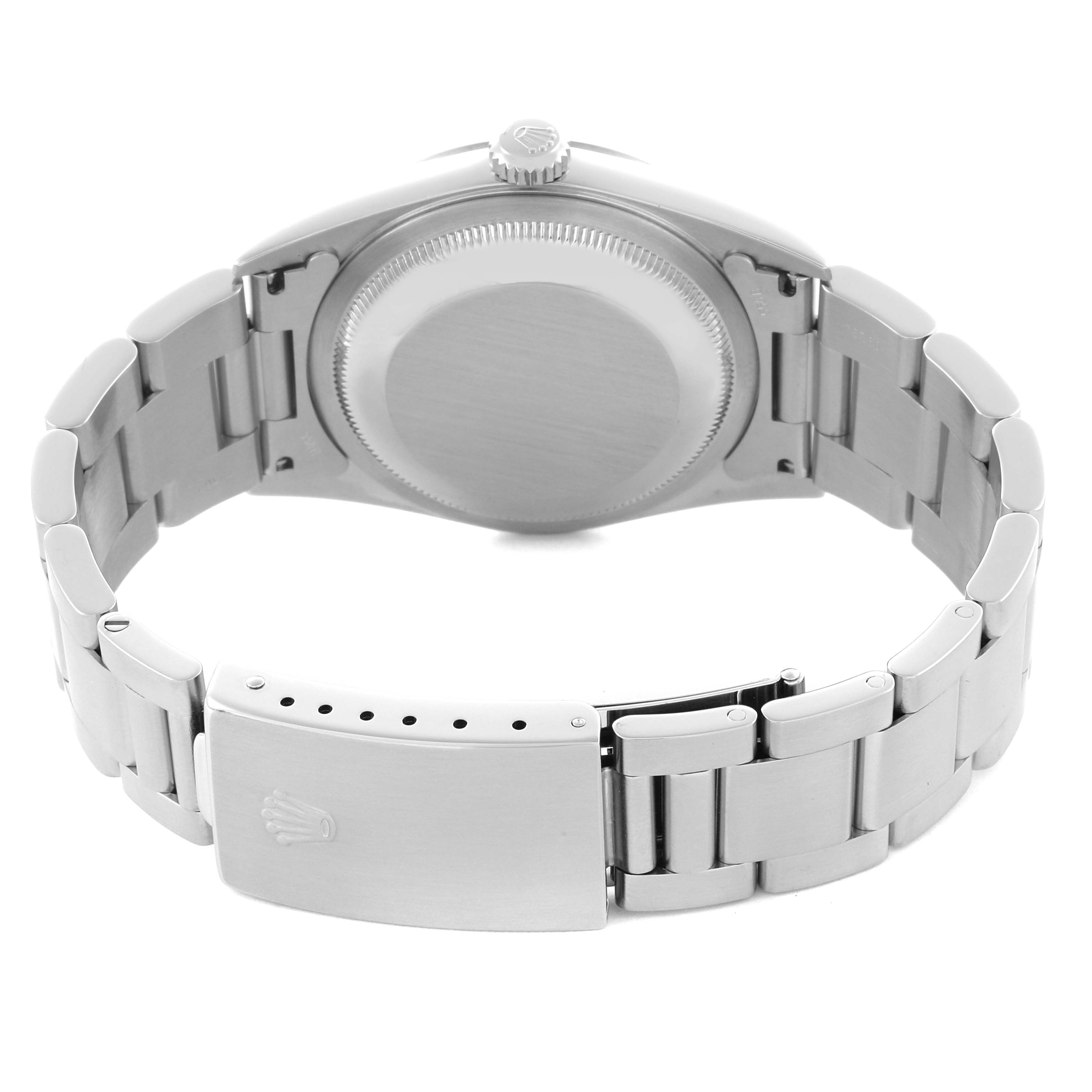 The image shows the back and bracelet clasp of a Rolex Datejust 16200 Men
s Stainless Steel Blue Dial 16200 Men
s Stainless Steel Blue Dial watch, with the crown and caseback visible.