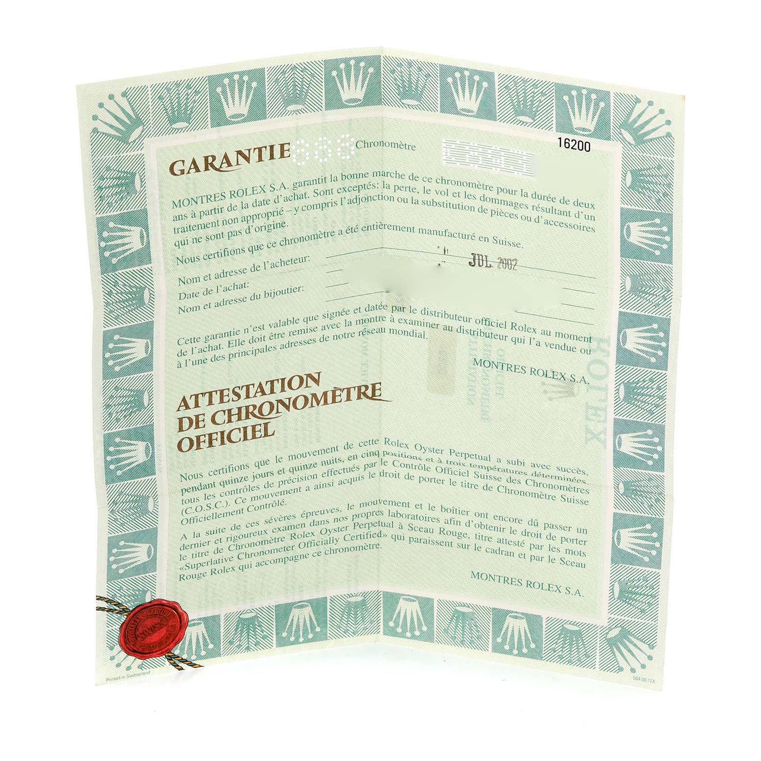 The image shows a certificate for a Rolex Datejust 16200 Men
s Stainless Steel Blue Dial 16200 Men
s Stainless Steel Blue Dial watch, featuring warranty details and brand logos.