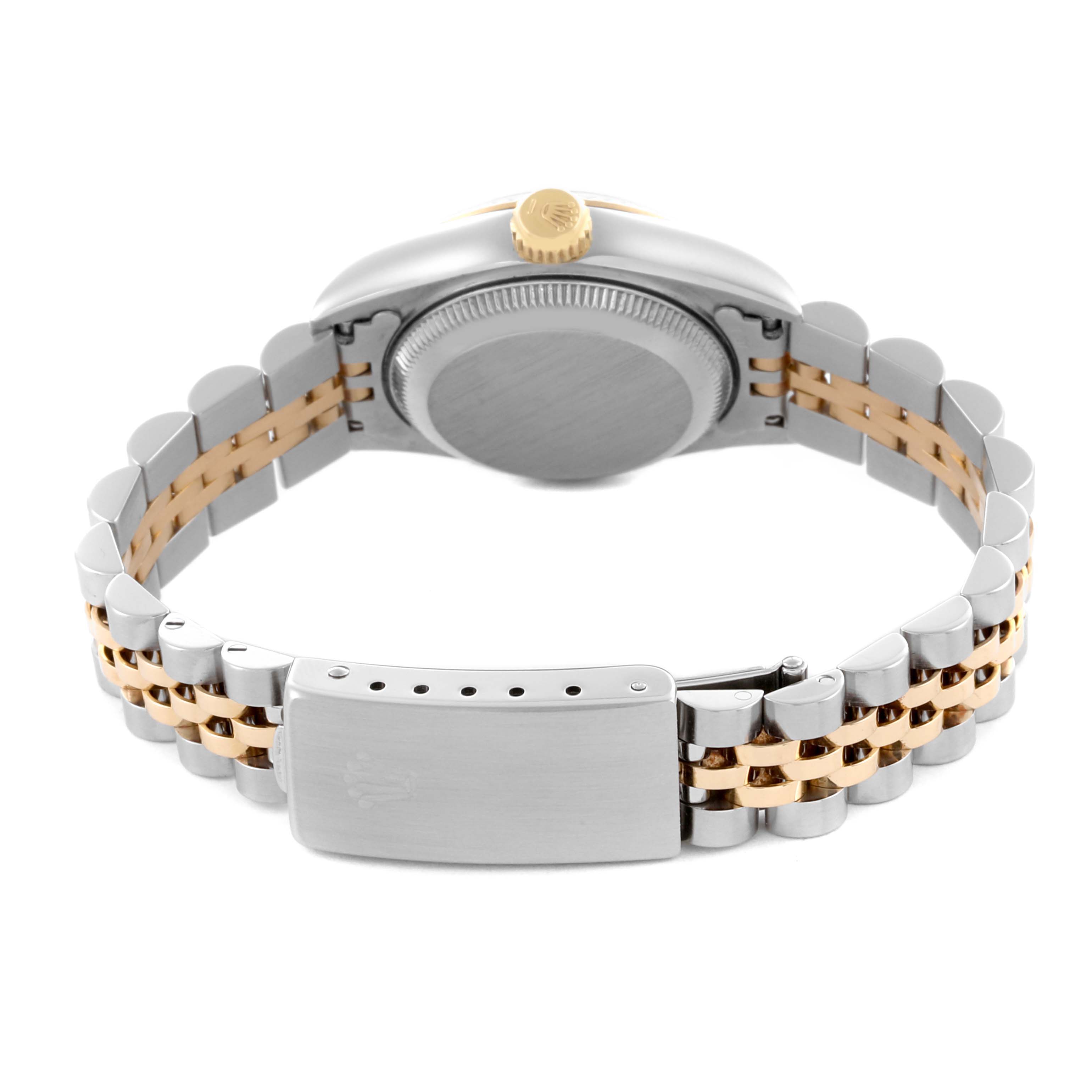 The image shows the back of the Rolex Datejust 69173 Women's Steel and Gold (two tone) Blue Dial 69173 Women's Steel and Gold (two tone) Blue Dial watch, featuring the case back and Jubilee bracelet clasp.