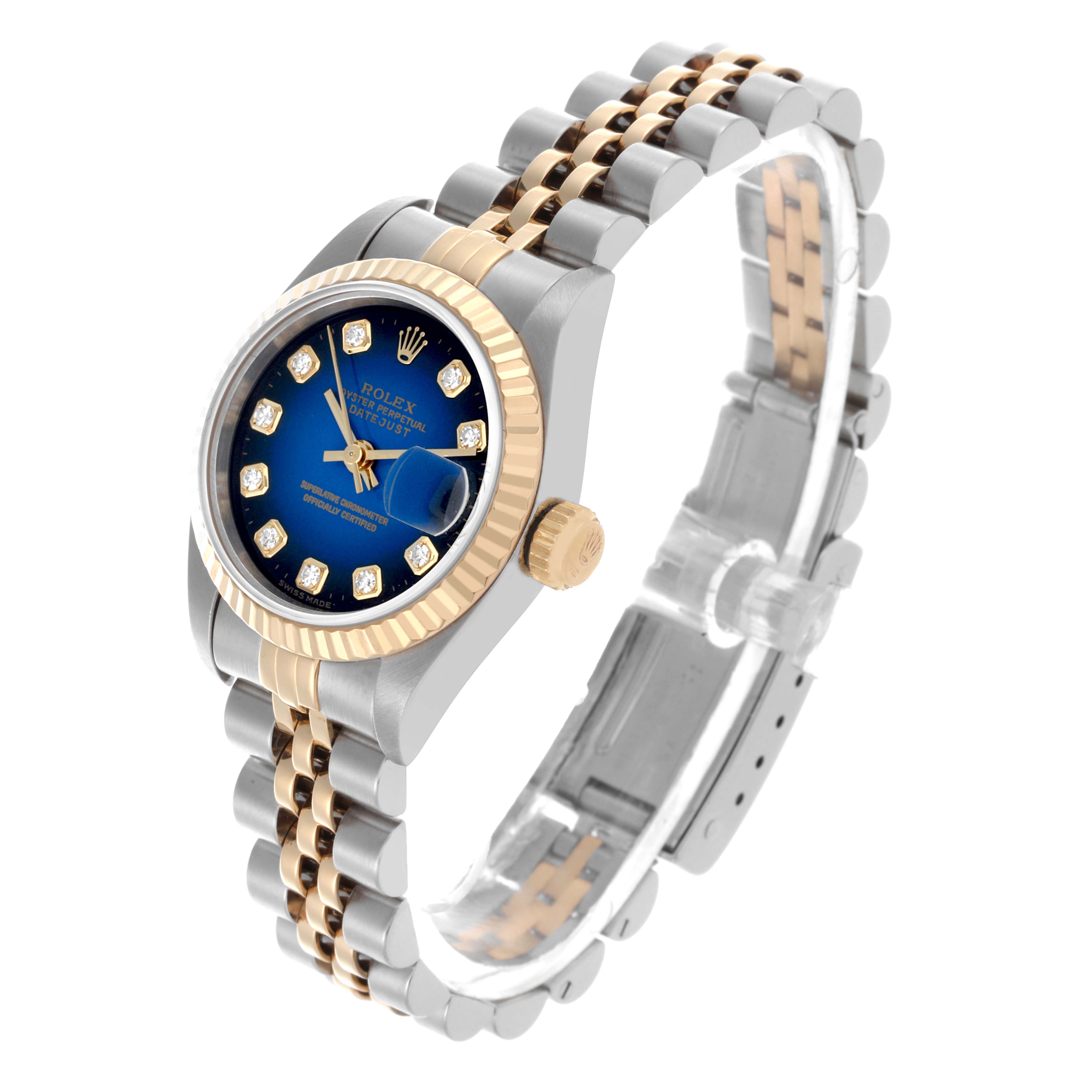 The Rolex Datejust 69173 Women's Steel and Gold (two tone) Blue Dial 69173 Women's Steel and Gold (two tone) Blue Dial is shown at an angle, featuring the watch face, crown, bezel, and part of the bracelet.