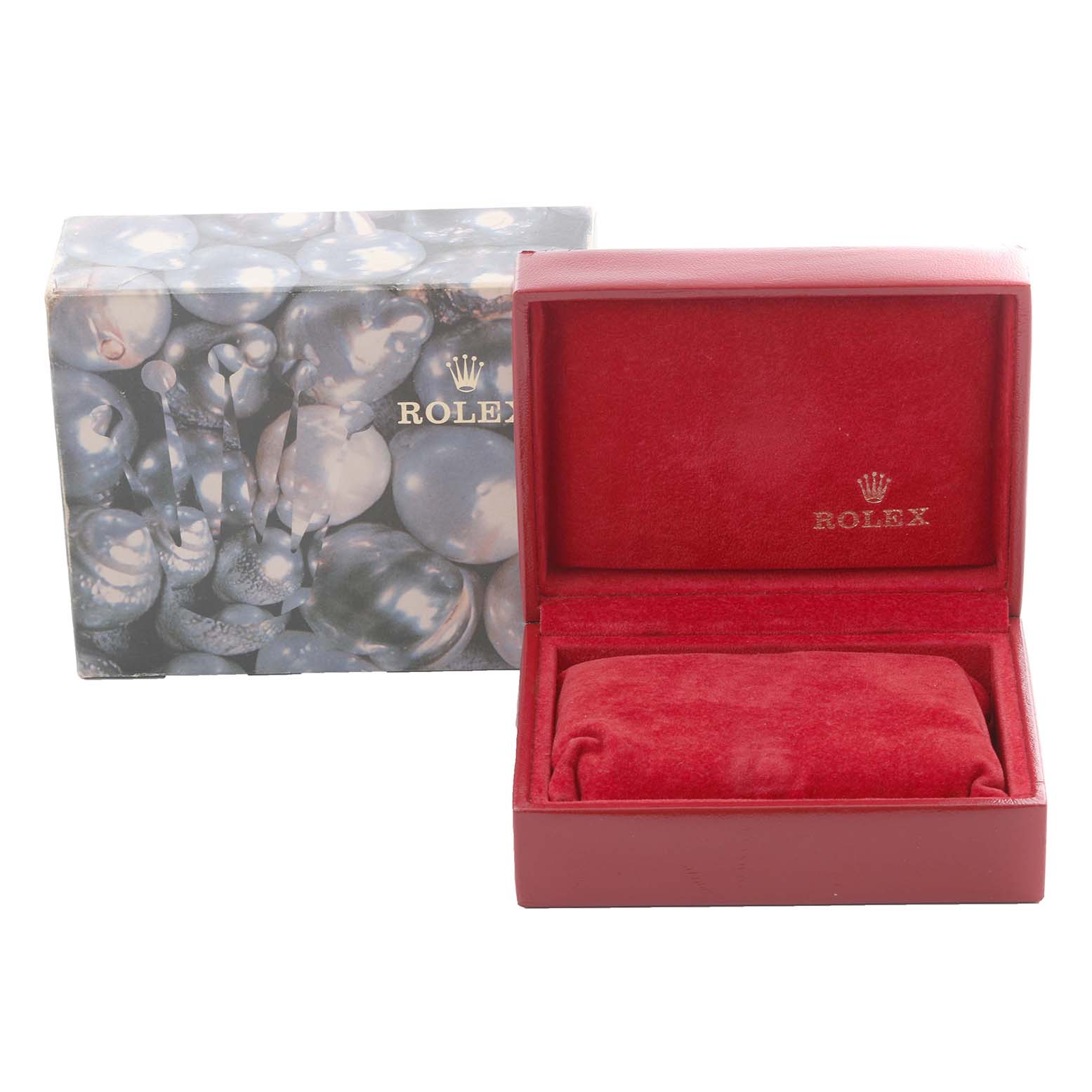 The image shows a red Rolex Datejust 69173 Women's Steel and Gold (two tone) Blue Dial 69173 Women's Steel and Gold (two tone) Blue Dial watch box and a decorative outer box with pearl-like patterns.