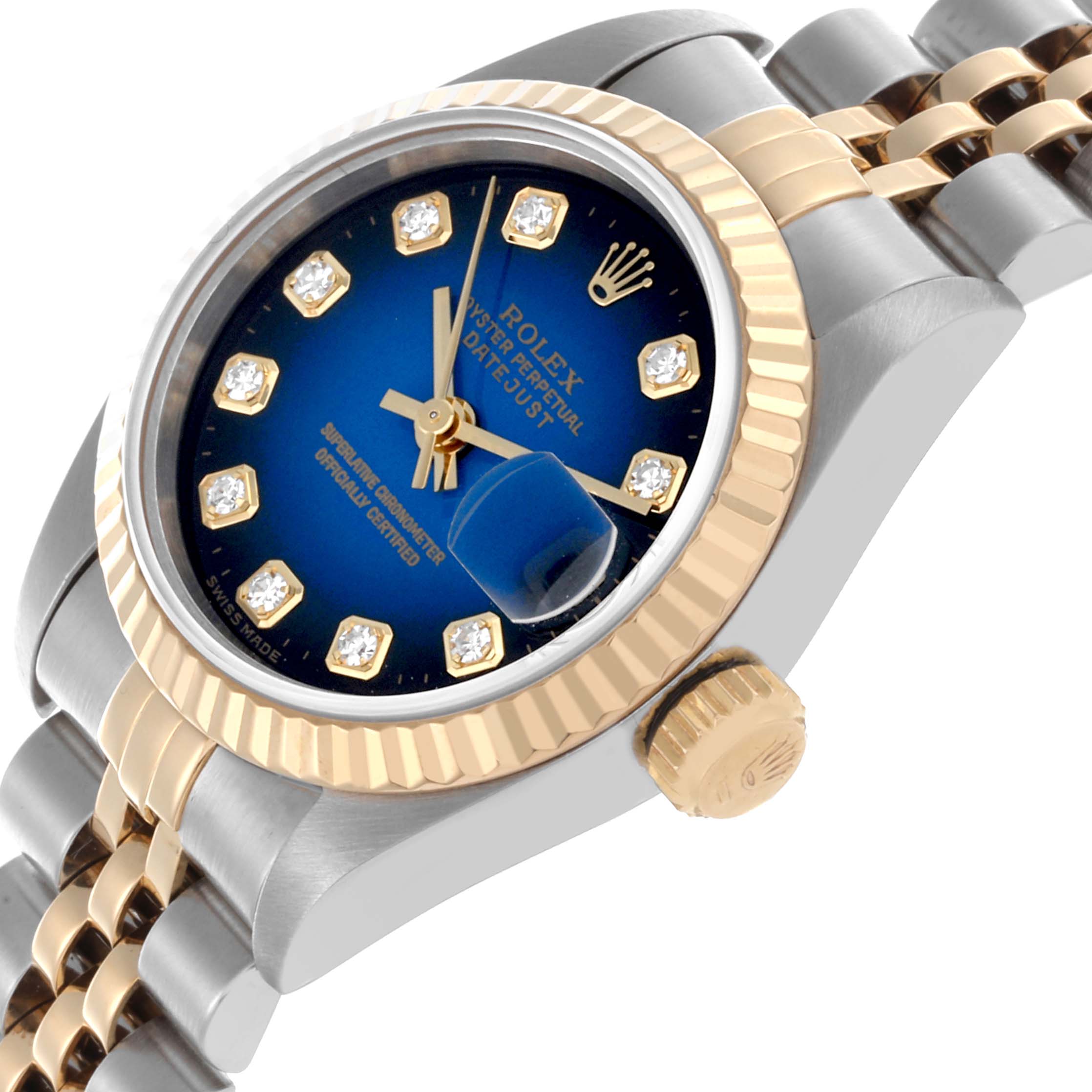 The Rolex Datejust 69173 Women's Steel and Gold (two tone) Blue Dial 69173 Women's Steel and Gold (two tone) Blue Dial watch is shown at an angled close-up, highlighting the bezel, crown, dial, and part of the bracelet.